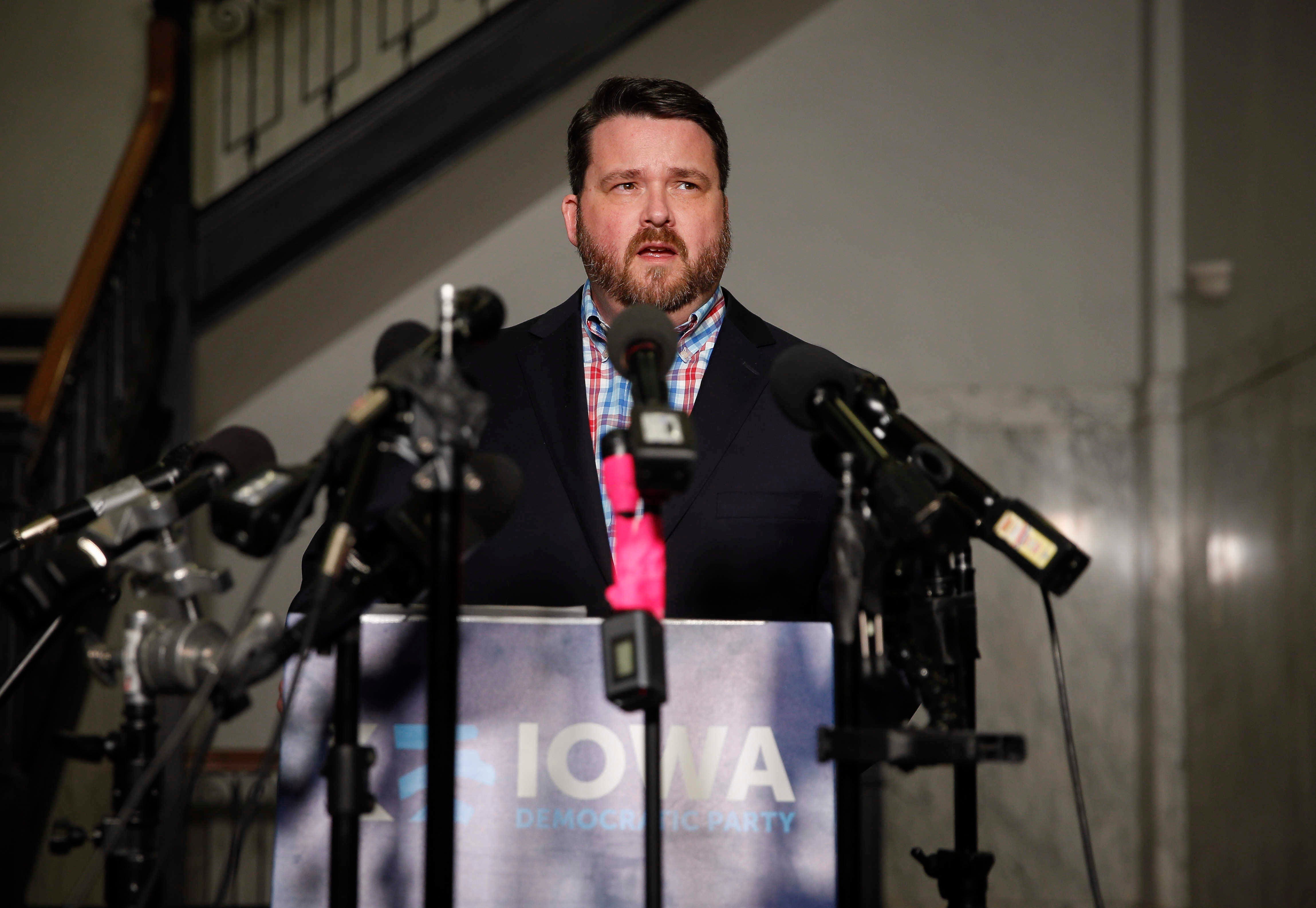 Iowa Democratic Party Chairman Troy Price speaks to members of the media during a press conference, Friday, Feb. 7, 2020  in Des Moines, Iowa.