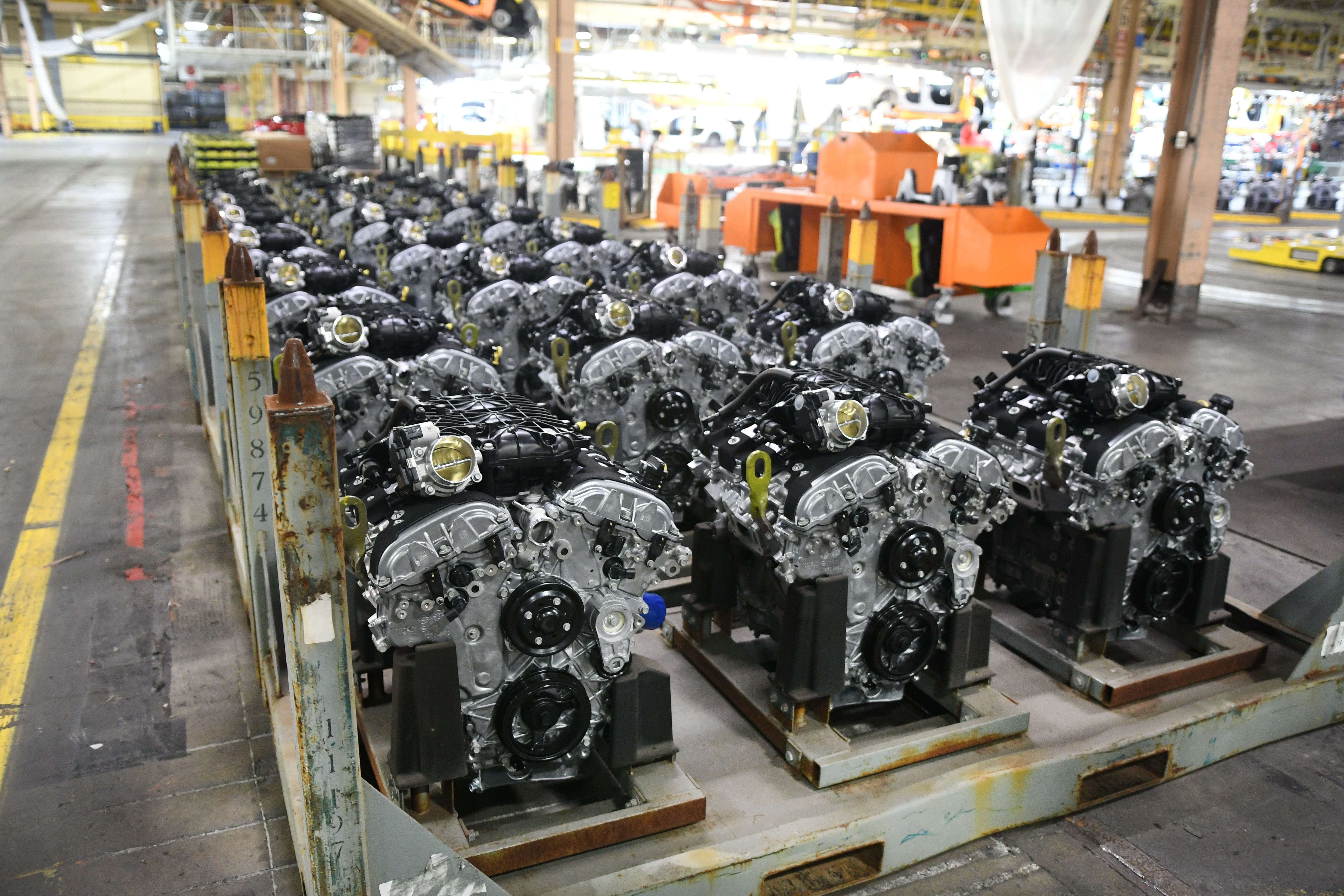 Engines sit at the general assembly area at General Motors Detroit-Hamtramck plant where the Chevrolet Impala is built.