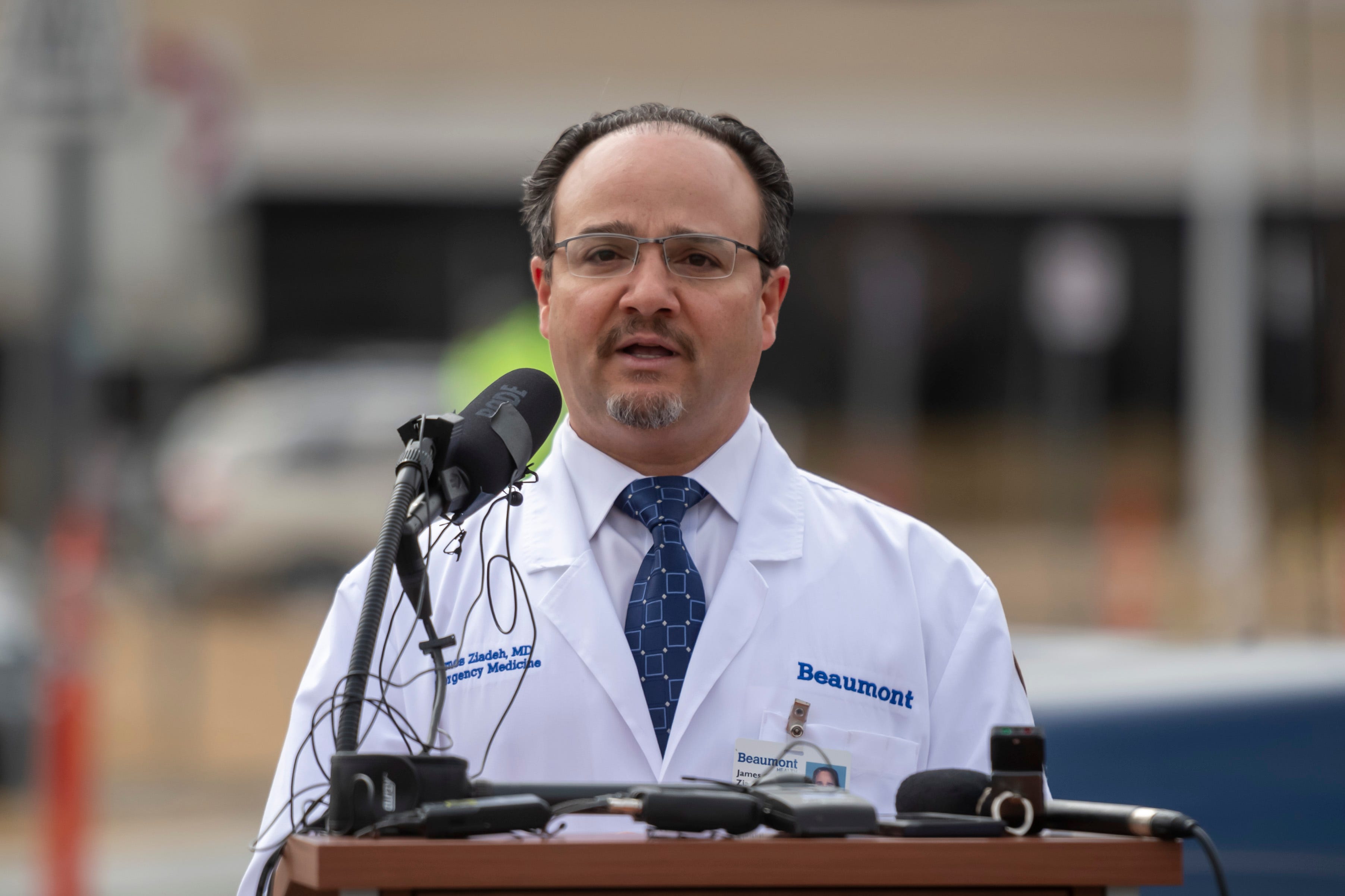 James Ziadeh, Chief of the Department of Emergency Medicine at Beaumont Royal Oak, speaks during a press conference at the hospital, March 16, 2020. Members of the public concerned that they may be infected with the coronavirus were able to get screening done from their vehicles.