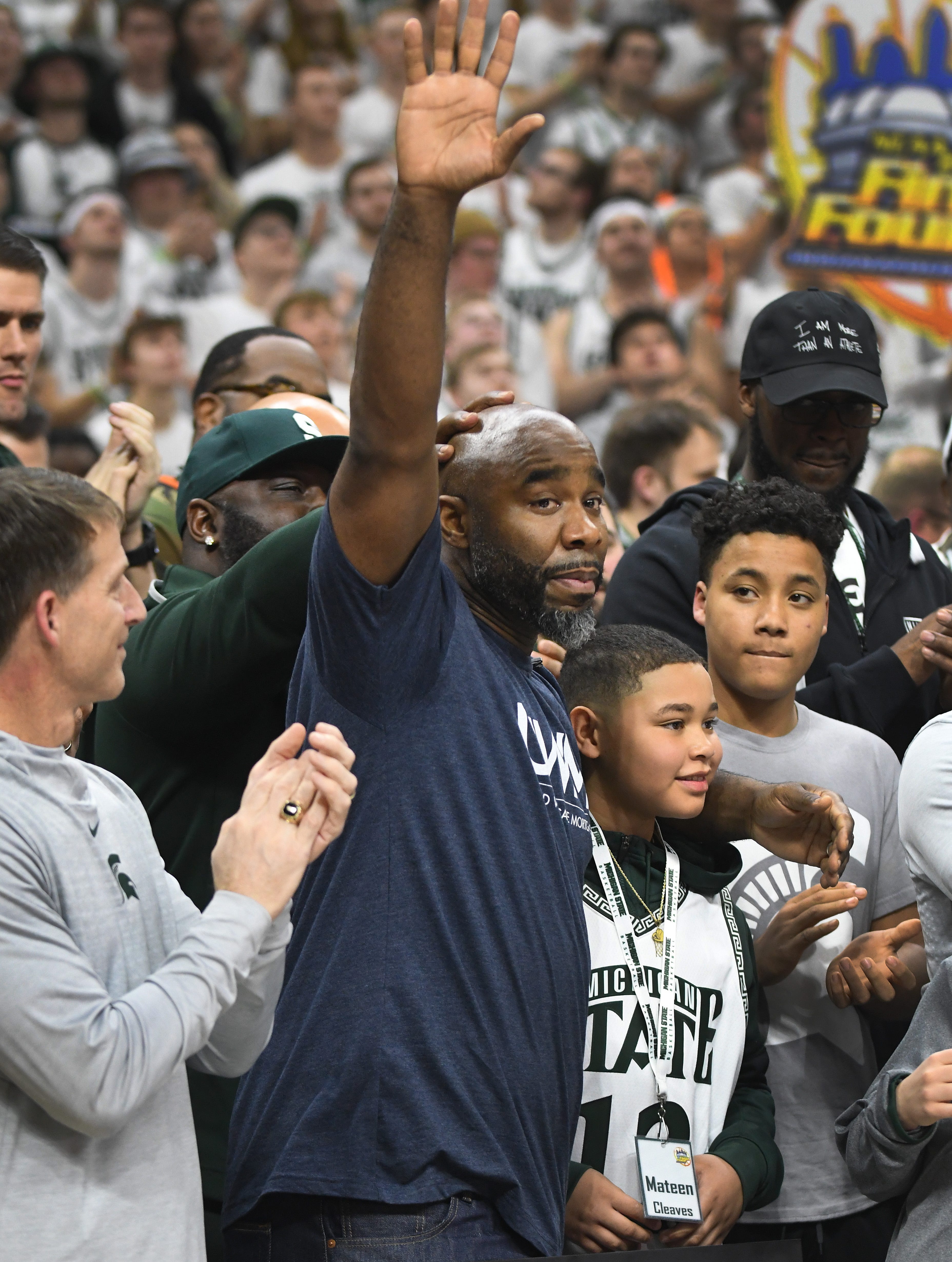 Michigan State 2000 championship team member Mateen Cleaves is introduced during a halftime ceremony at the Breslin Center this past season.