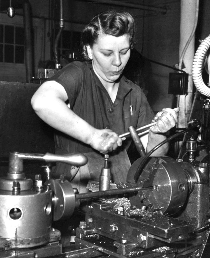 Women, such as machinist Janet Kinsman of Detroit, shown here March 11, 1943, became an important part of the Willow Run work force. The war office sped up the hiring of women by ordering Ford to hire 12,000 at Willow Run. By October 1943, there were 140,000 women in the defense industry. Willow Run hired 117 in one week. They received the same wage rates as men, from 95 cents to $1.60 an hour.