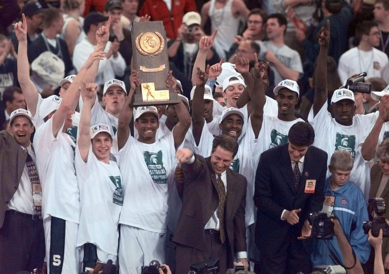 Michigan State celebrates after defeating Florida for the 2000 NCAA title.