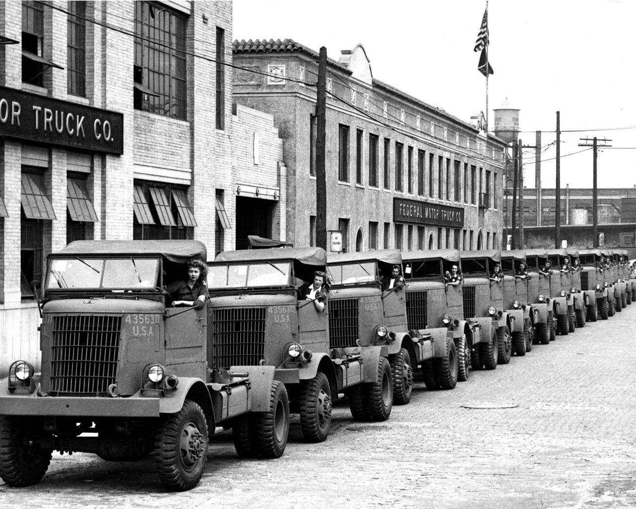 Women Army ordinance workers driving Federal war trucks in Michigan, August 1942.