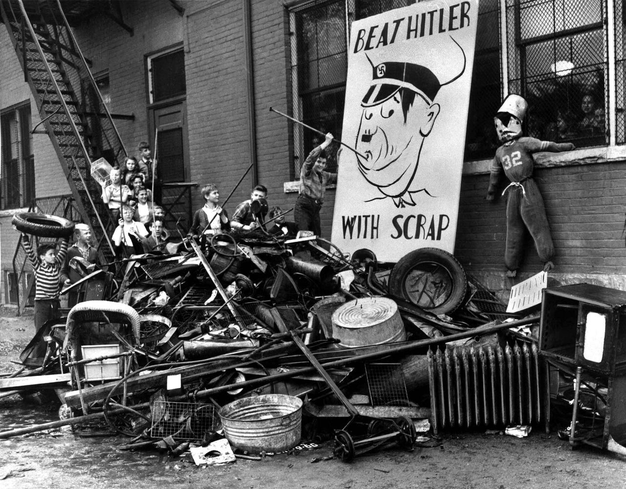 St. Clair school children collected scrap to beat Adolf Hitler during the World War II salvage effort in October 1942.