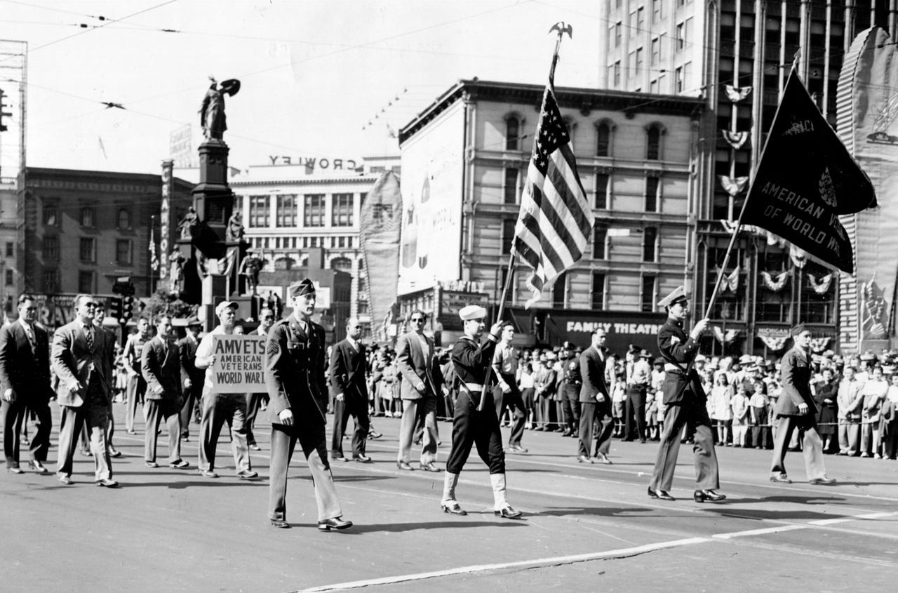 American veterans of World War II march in downtown Detroit on June 5, 1946. Labor leader Walter Reuther, head of the United Auto Workers, said, "Like England's battles were won on the playing fields of Eton, America's were won on the assembly lines of Detroit."