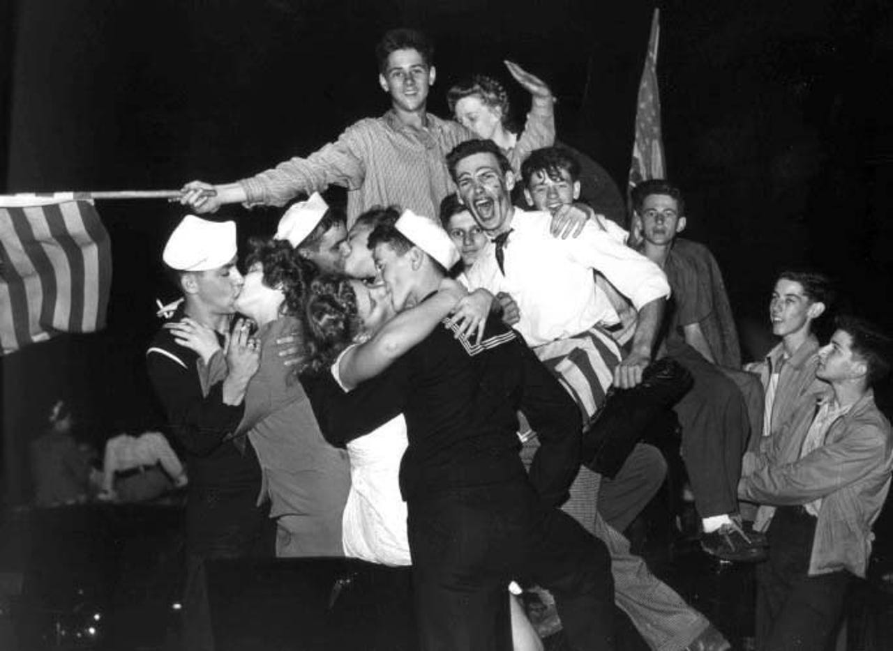A joyous Detroit crowd celebrates VJ Day Aug. 14, 1945, marking the surrender of Japan and the end of World War II.