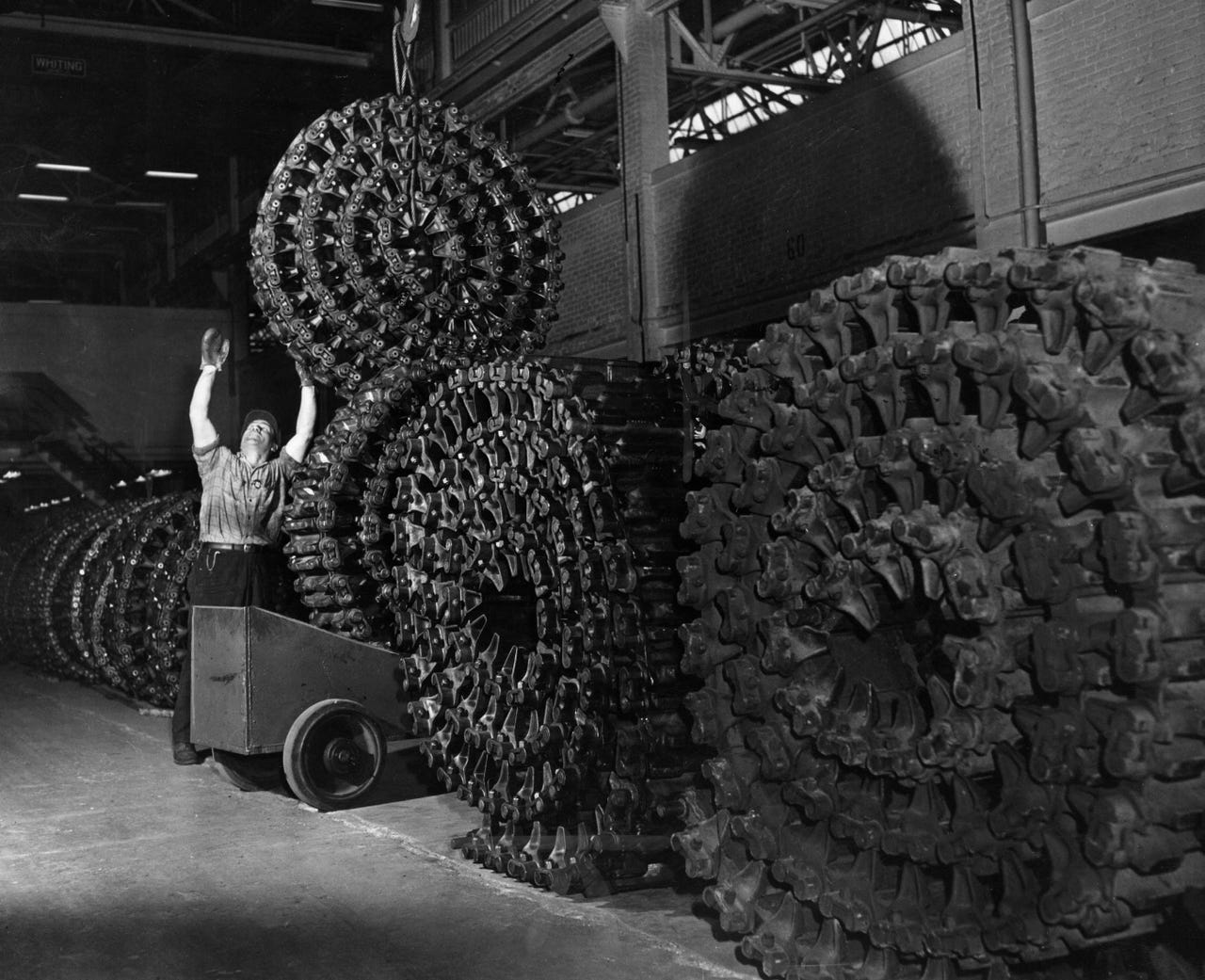 The Ford Motor Company produced treads for tank destroyers at the Highland Park Plant in 1942.