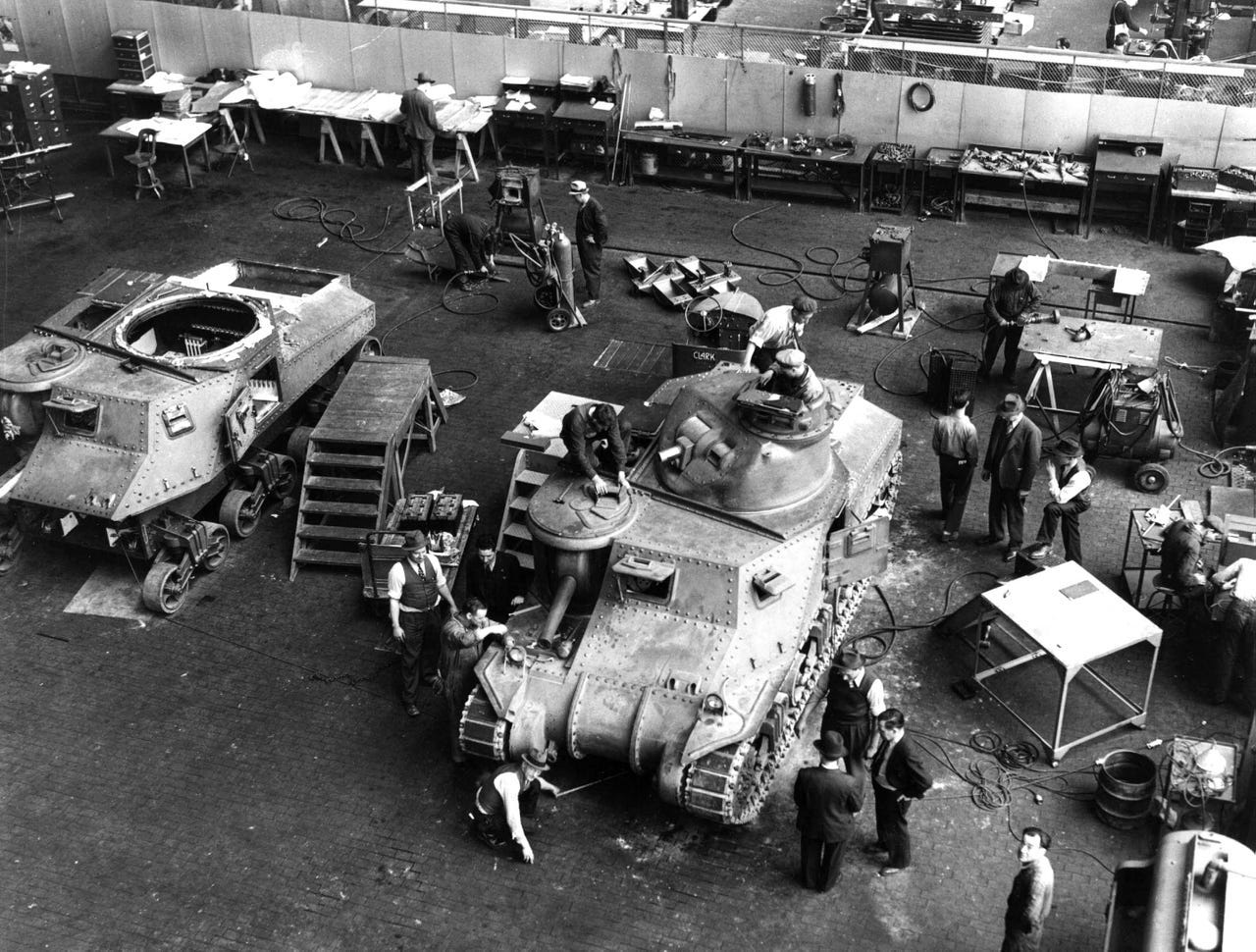 These Word War II tanks were assembled at the Chrysler tank arsenal in then rural Warren and would soon become a part of General George Patton's own "blitzkrieg". The bombing of Pearl Harbor on Dec. 7, 1941, threw the U.S. into the war, spurring a huge increase in aircraft production, as well as tanks and military vehicles. The government banned civilian auto production. By June of 1942, 66 percent of Detroit's machine tools were being used for military goods.