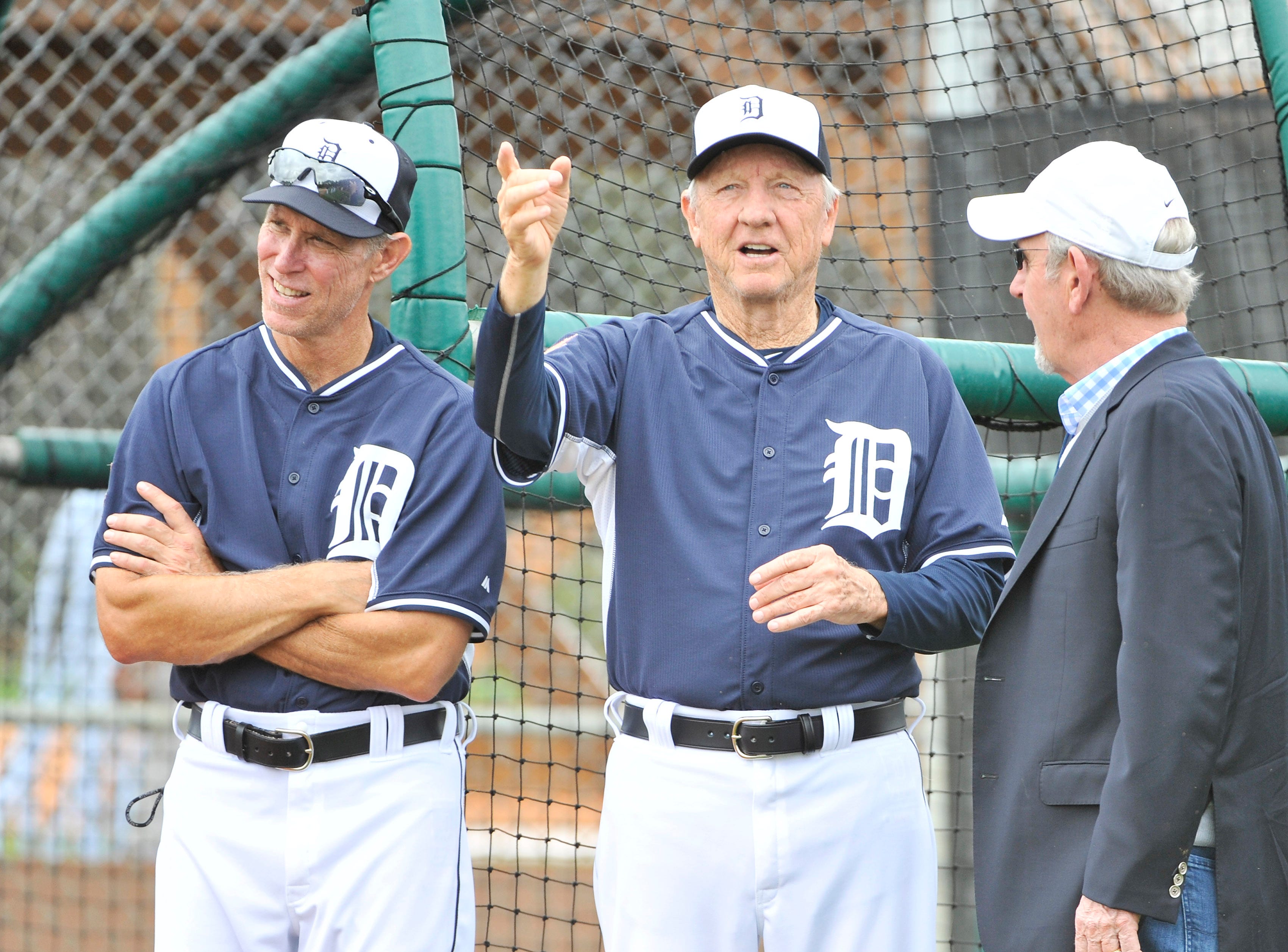 Former Tigers manager Jim Leyland, right, talks with Al Kaline, center, and Alan Trammell at Tigers spring training workout at Joker Marchant practice fields in Lakeland, Fla. on Mar. 1, 2015.