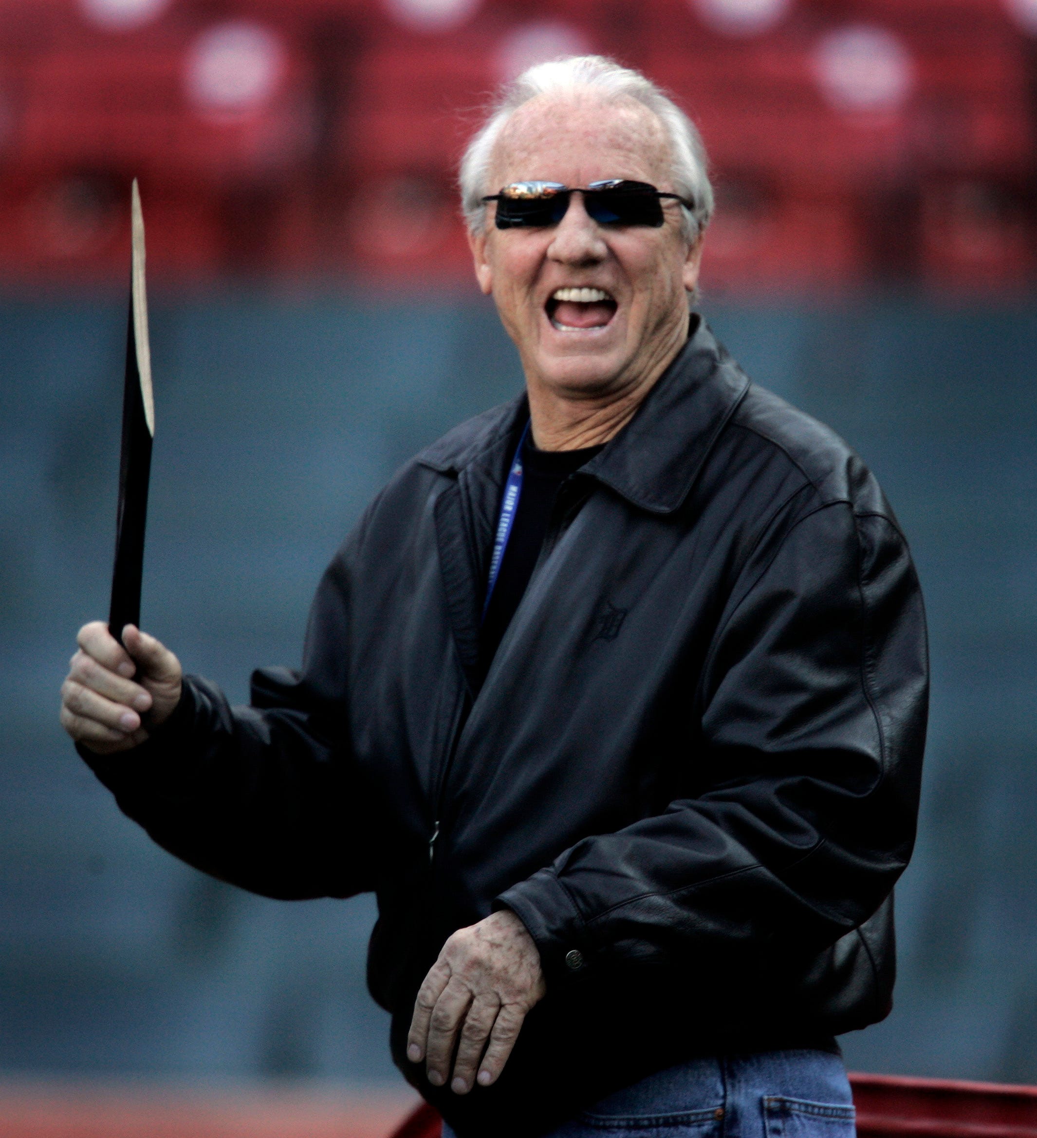 Tigers Al Kaline laughs out loud as he plays with a broken bat, Monday Oct. 23, 2006, during World Series workouts at Busch Stadium in St. Louis.
