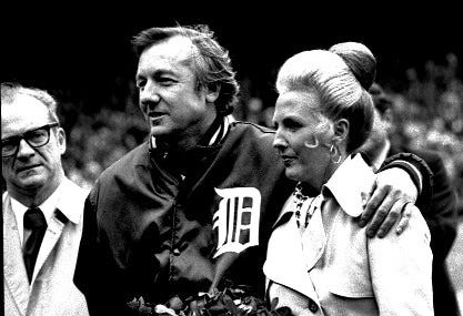 Al Kaline stands with his wife Louise at Tiger Stadium on Al Kaline Day in 1974.