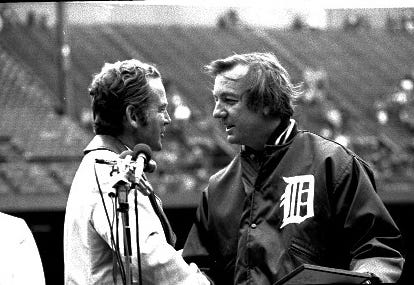 Michigan Gov. William G. Milliken greets Al Kaline at Tiger Stadium on Al Kaline Day in 1974. Milliken passed away in 2019.