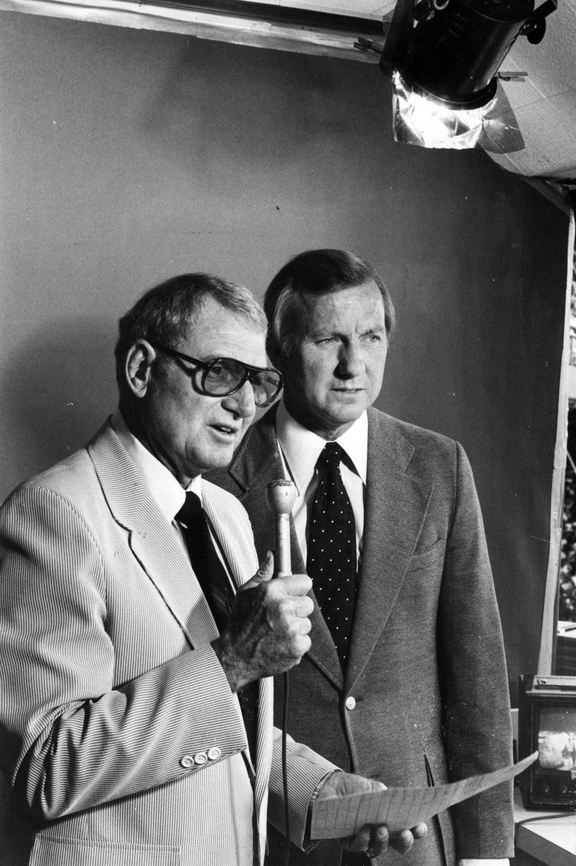 George Kell, left, and Al Kaline are seen in the television broadcast booth on Sept. 2, 1980.