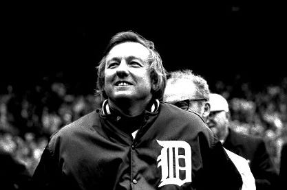Al Kaline smiles up at the crowd as he is honored at Tigers Stadium on Al Kaline Day in1974.