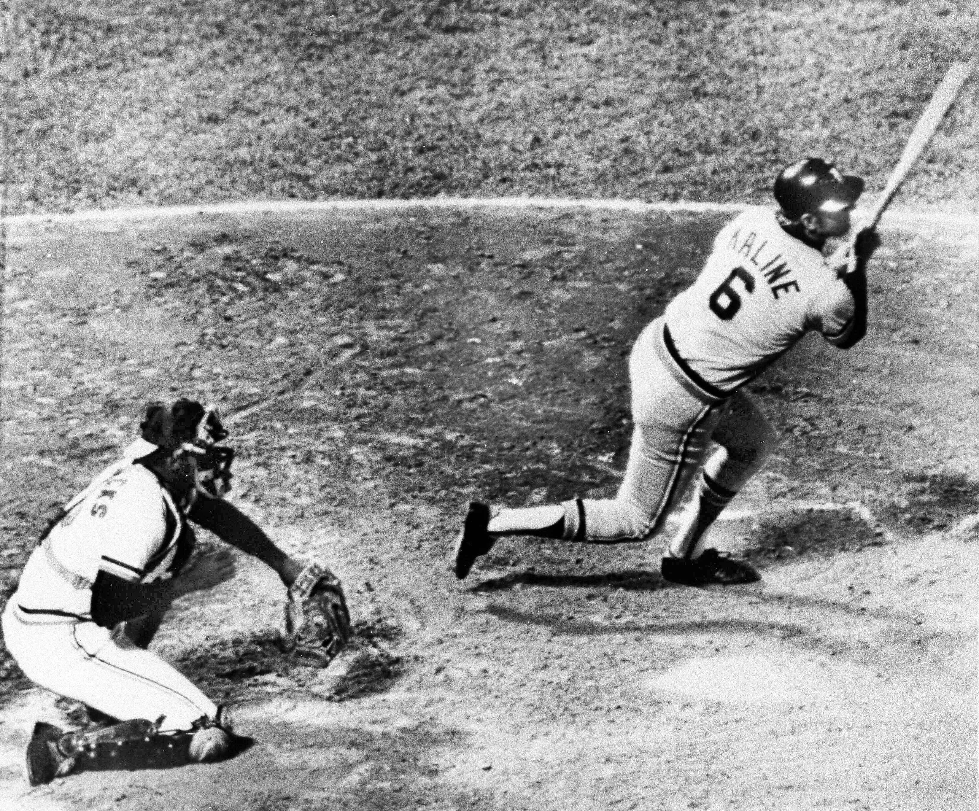 Al Kaline of the Detroit Tigers hits his 3,000th hit of his career, Sept 25, 1974, in Baltimore. The hit came off Orioles Dave McNally and enabled Kaline to become the 12 player in major league baseball history to reach the 3,000-hit plateau. Baltimore catcher is Andy Etchebarren.