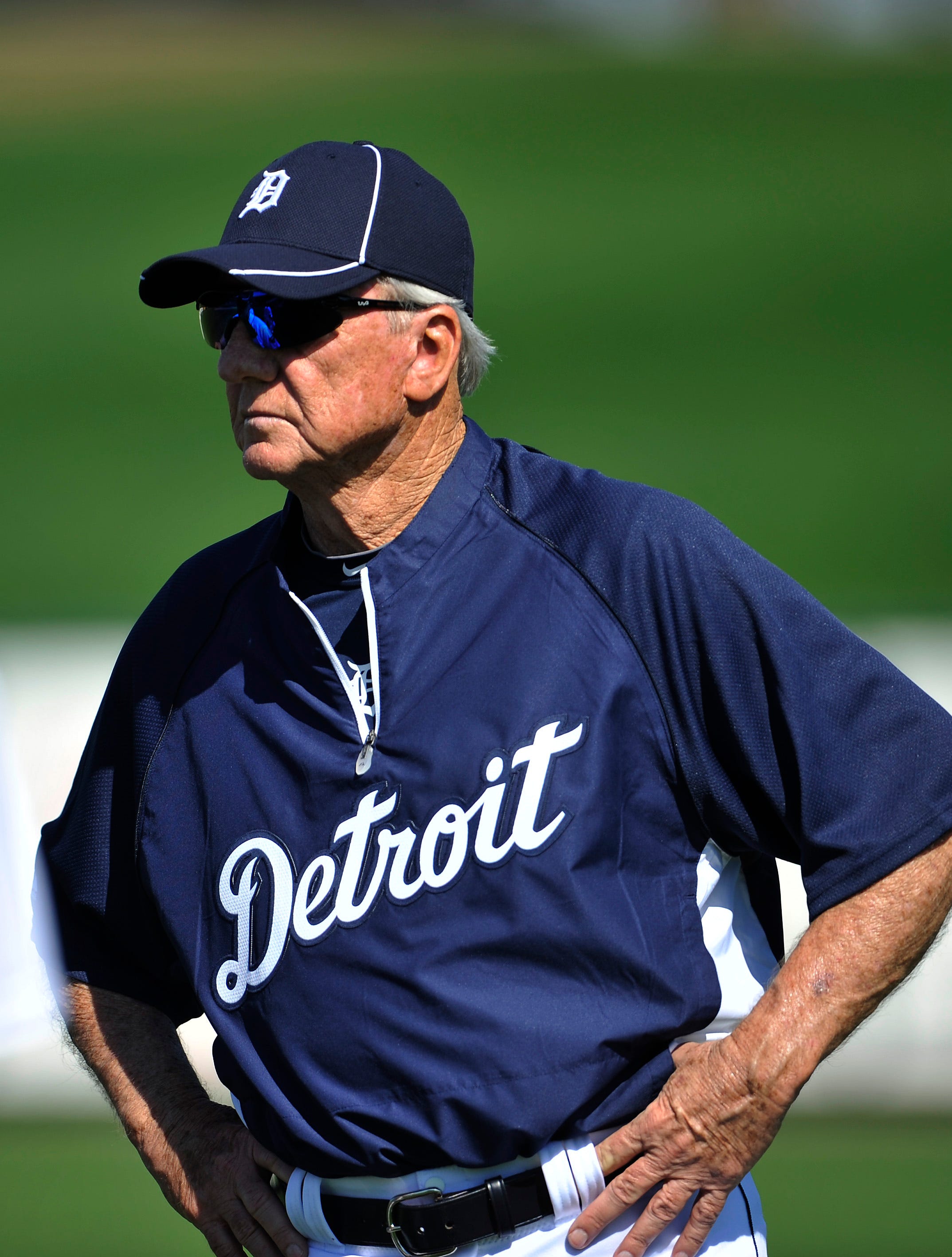 Former Tigers great Al Kaline, now a special assistant to president and GM Dave Dombrowski, watches the fly ball drills for the Tigers outfielders during Detroit Tigers spring training camp in Lakeland, Florida on Saturday, February 19, 2011.