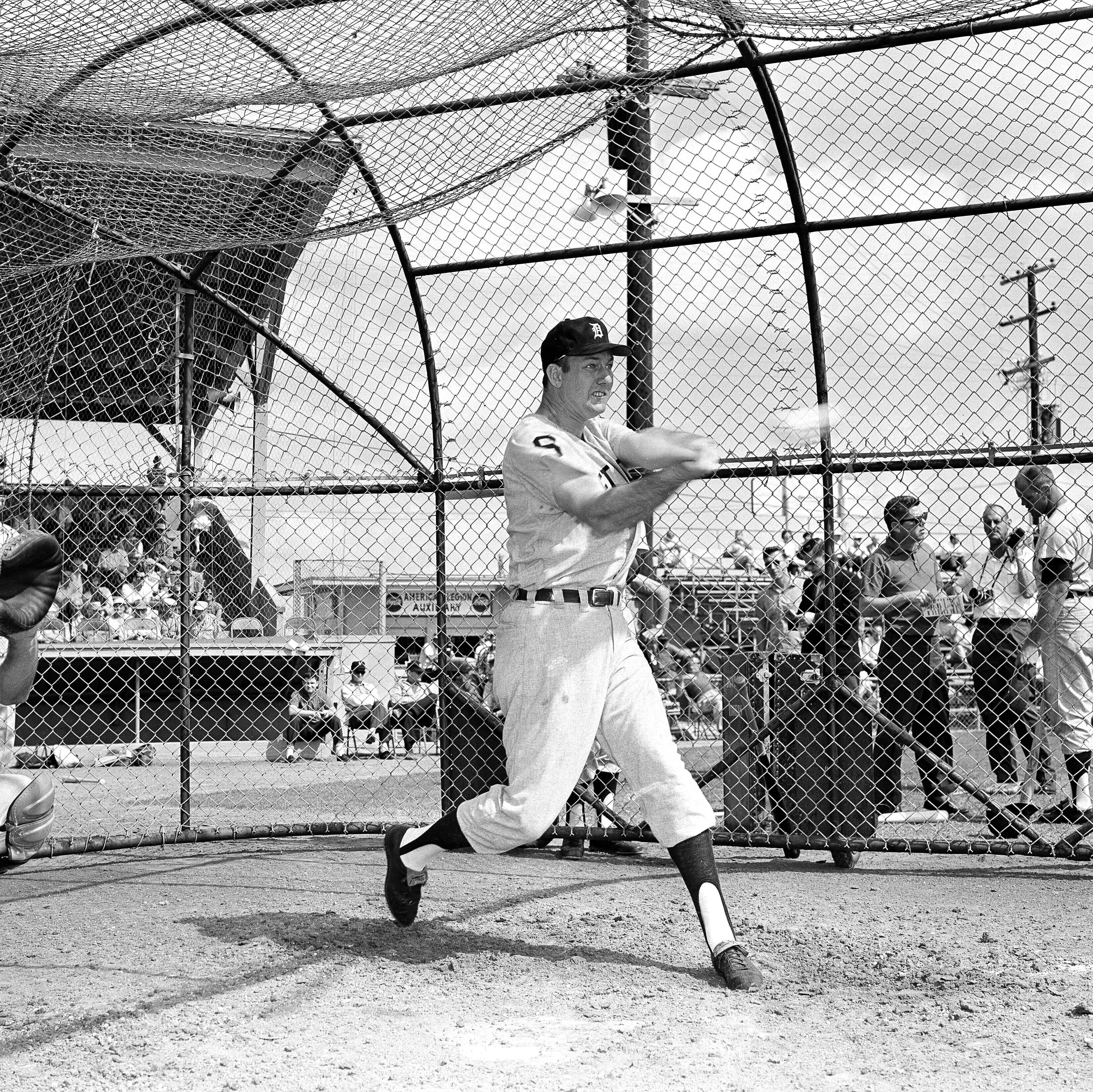 The bat and ball are only a blur as Detroit Tigers outfielder Al Kaline takes his turn during hitting practice at spring training in Lakeland, Fla., March 5, 1963. Kaline says he feels no effects from his shoulder that he broke last year, keeping him out of over sixty ball games. He hit 29 home runs in the 100 games that he played.
