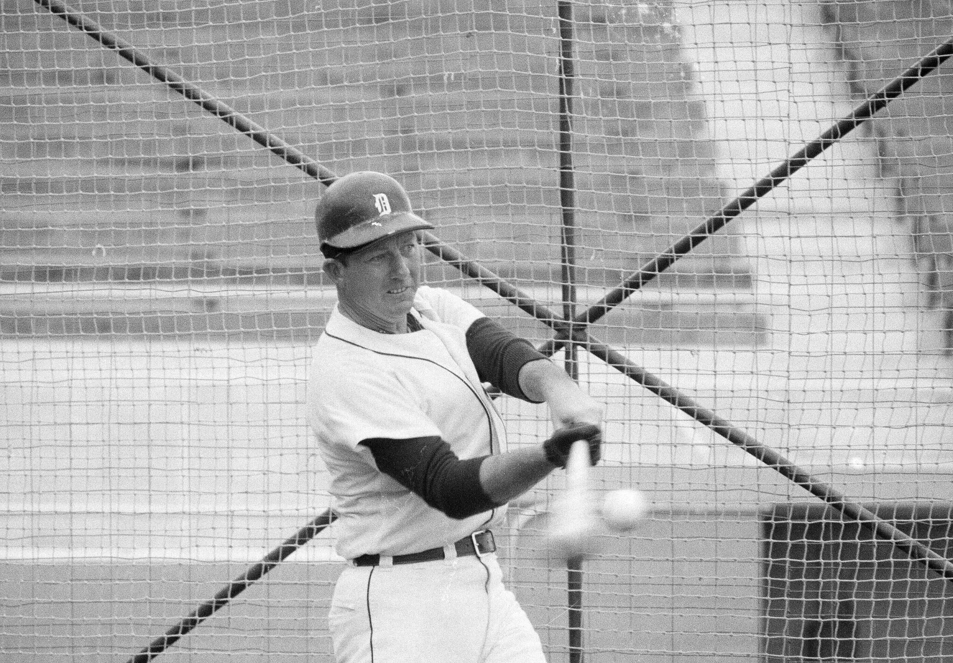 Detroit Tigers outfielder Al Kaline connects with the ball as he takes batting practice at the first day of spring training for the Tigers at Lakeland, Fla., Feb. 24, 1968. Kaline hammered out 25 home runs last season and hit .308. He was bothered with a fractured hand during part of the season and appeared in only 131 games.
