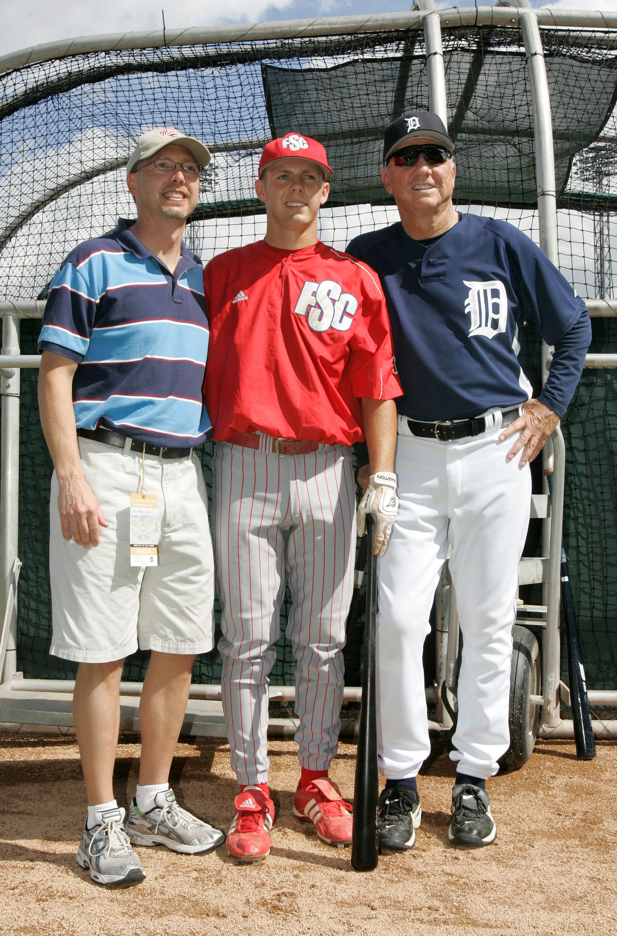 Three generations of the Kaline family, from left, Al Kaline's son Michael Kaline, Florida Southern College infielder Colin Kaline and his grandfather, Detroit Tigers great Al Kaline, pose for a photo for the Detroit Tigers team photographer before a spring training game in 2008.