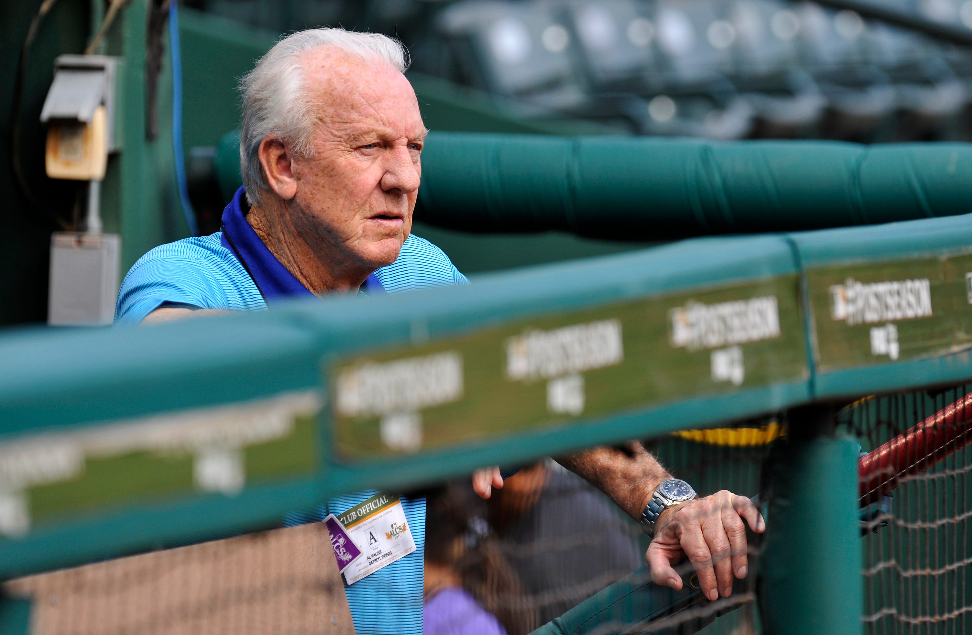 Detroit Tigers legend Al Kaline watches the end of the Texas Rangers workout from the visitors dugout at Rangers Ballpark in Arlington before Game One of the American League Championship Series on Friday, October 7, 2011.
