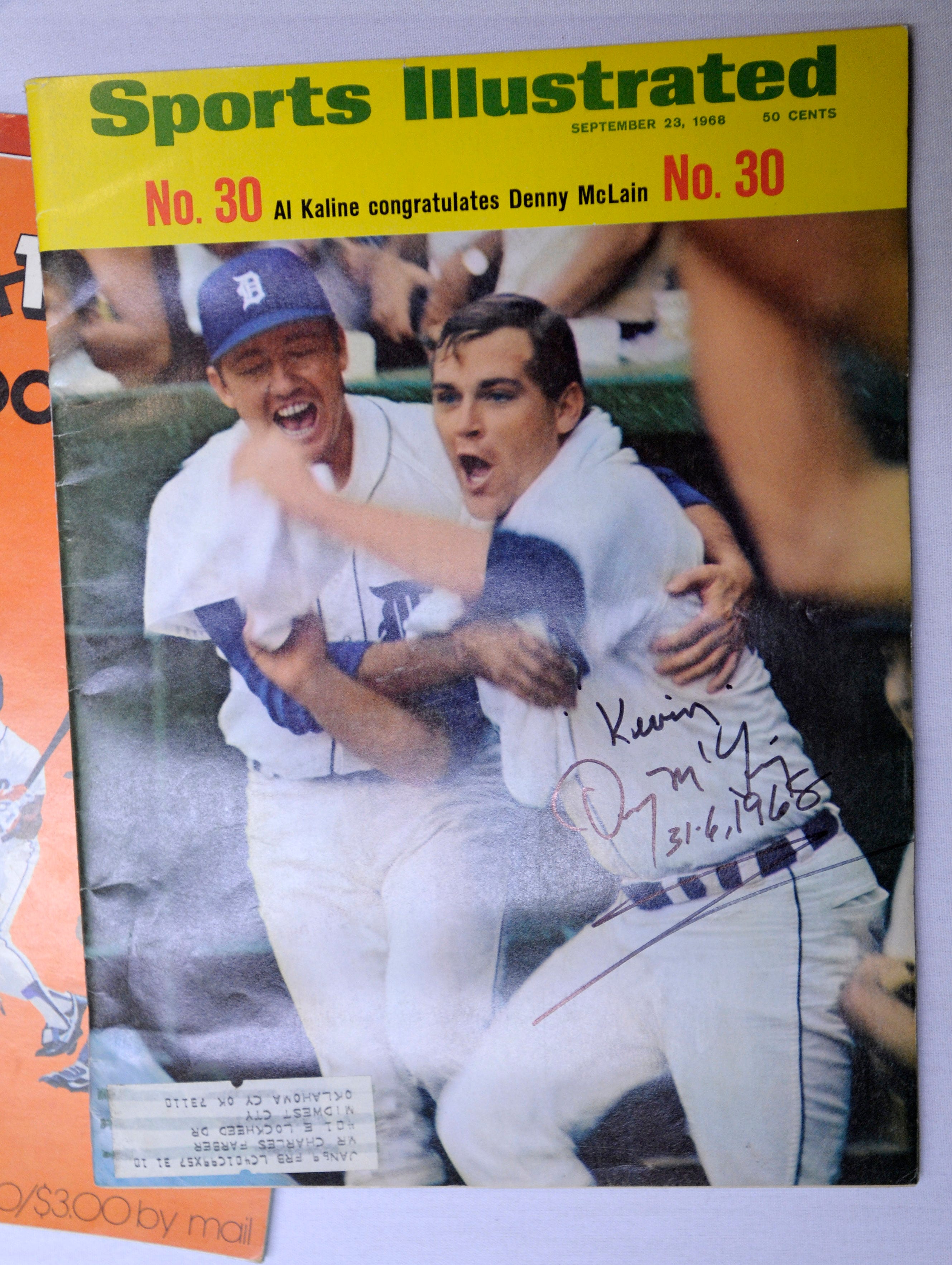 This is a copy of Sports Illustrated, September 23, 1968, as Al Kaline congratulates Denny McLain after McLain's 30th win of the season.