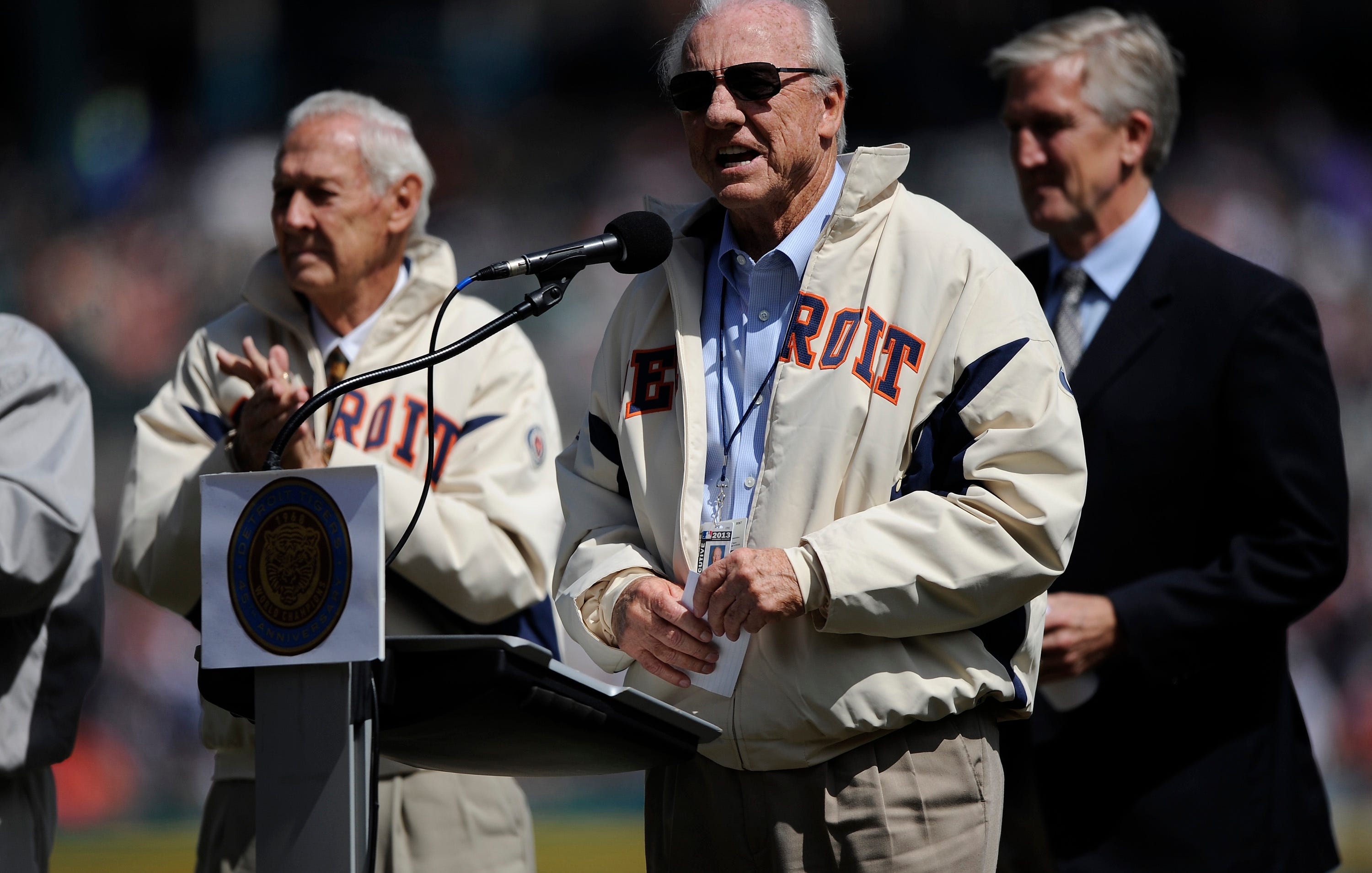 Former Detroit Tiger and 1968 team member Al Kaline talks during the ceremony recognizing the team's accomplishments before a game against the Twins on Saturday, May 25, 2013.