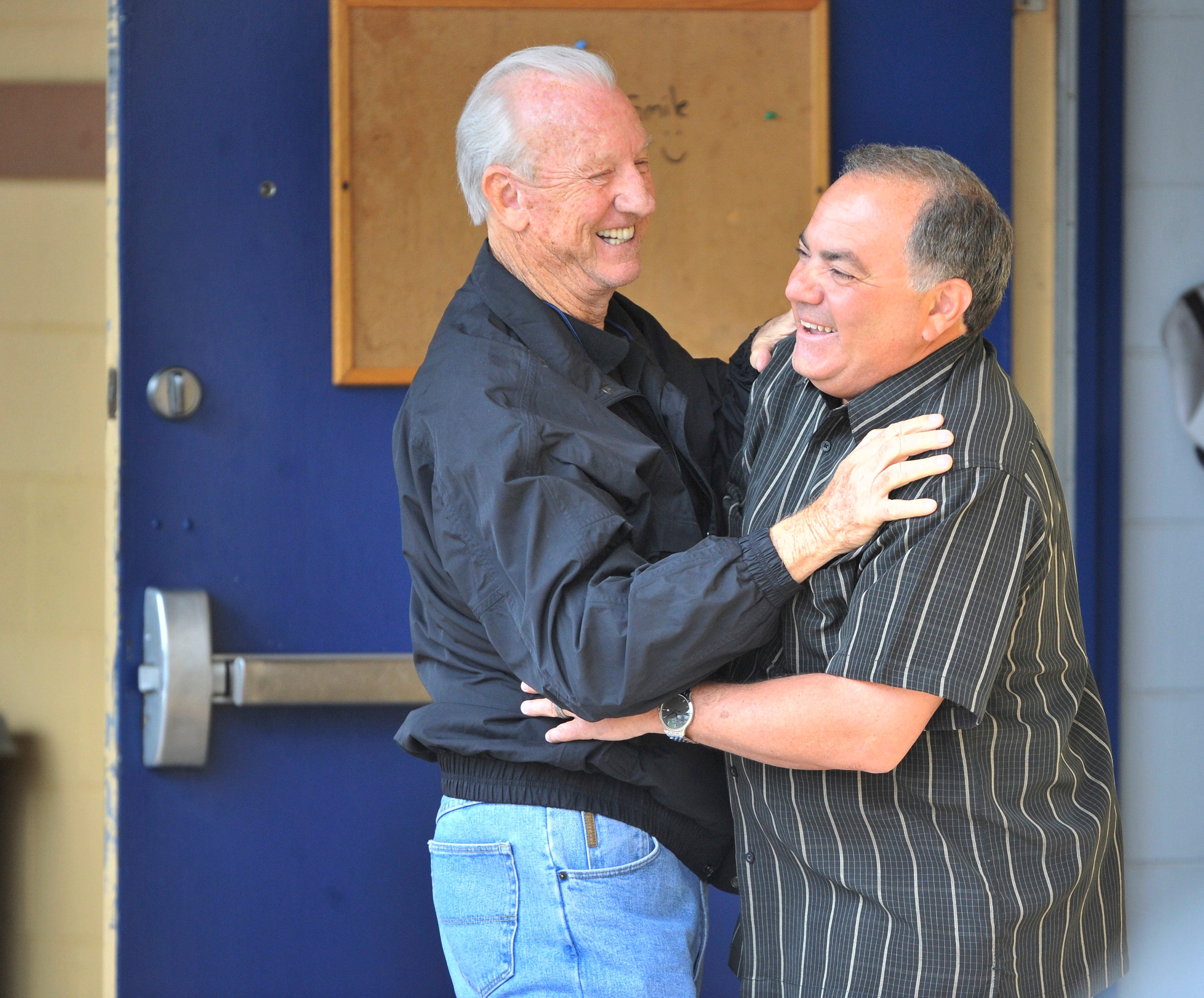 Detroit Tigers hall-of-famer and special assistant Al Kaline, left, has some fun with Al Avila, assistant general manager and vice president, outside the clubhouse before a spring training game against the Atlanta Braves at Joker Marchant Stadium in Lakeland, Fla. on Feb. 27, 2014.