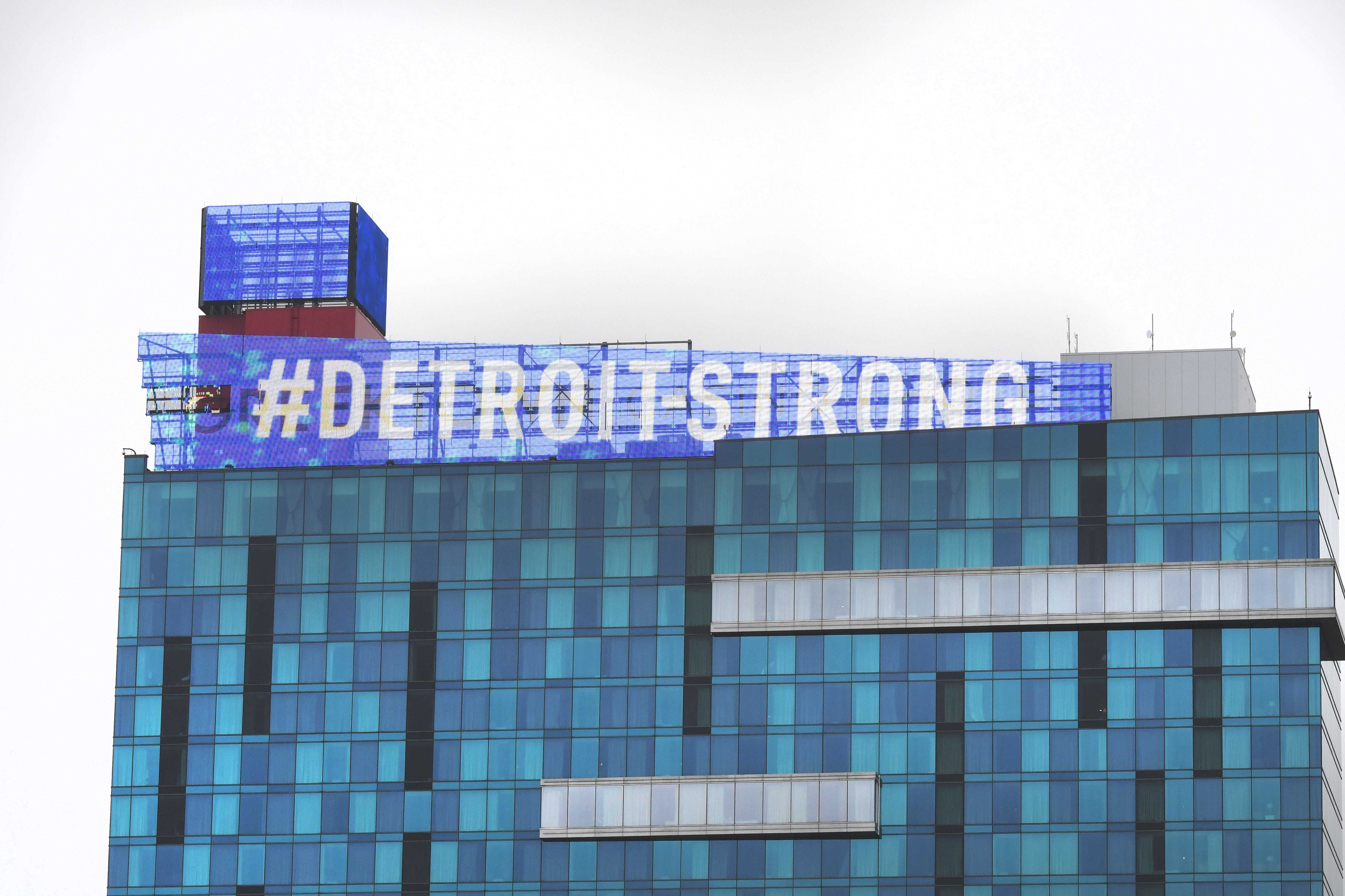The Greektown Casino shows support and displays Detroit Strong atop its hotel as the battle against COVID-19 continues in Detroit on Tuesday, March 31, 2020