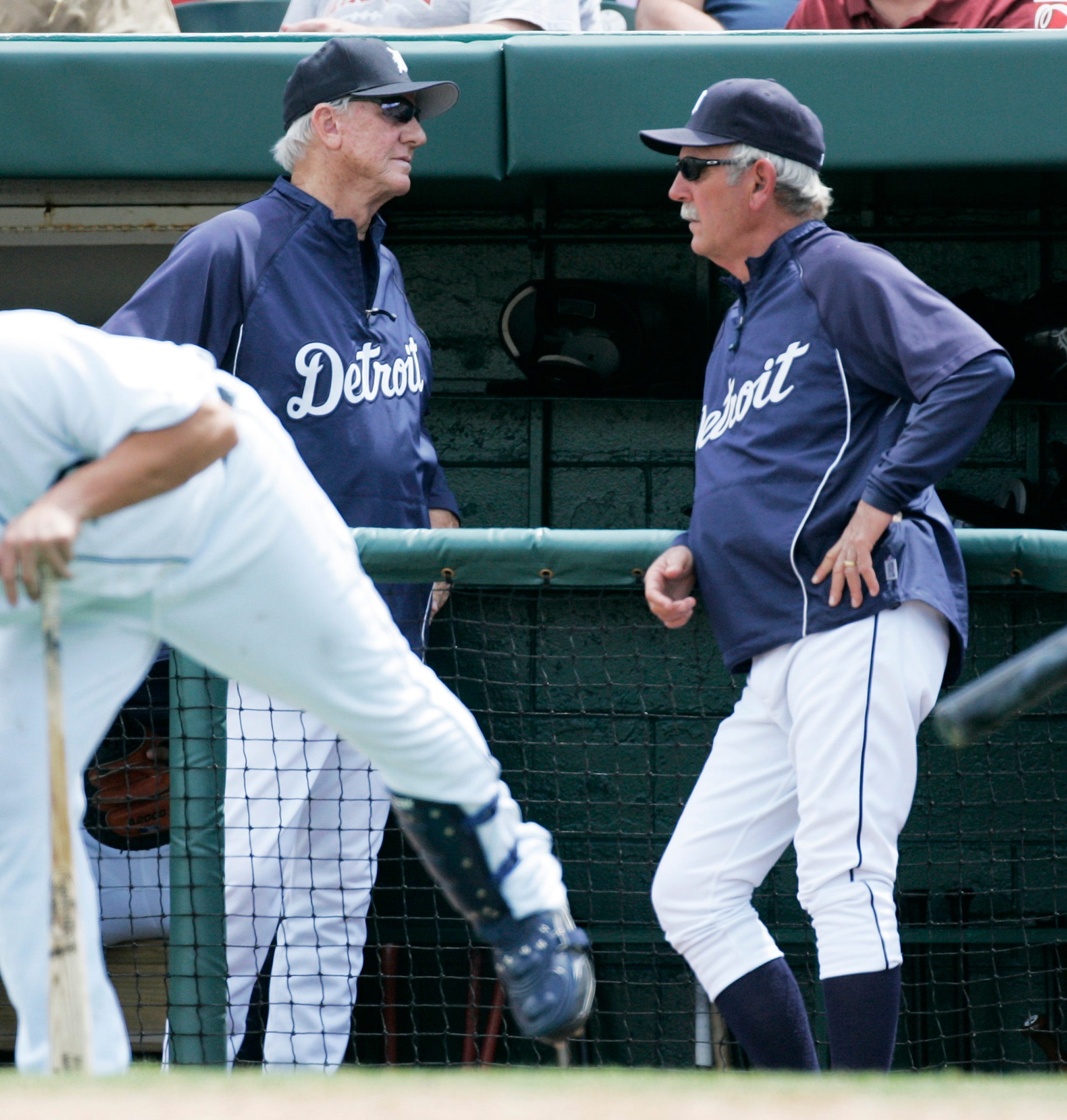 Tigers manager Jim Leyland, right, talks with Al Kaline near the dugout as the Detroit Tigers take on the Houston Astros in spring training action at Joker Marchant Stadium in Lakeland, Fla. on March 12, 2008.