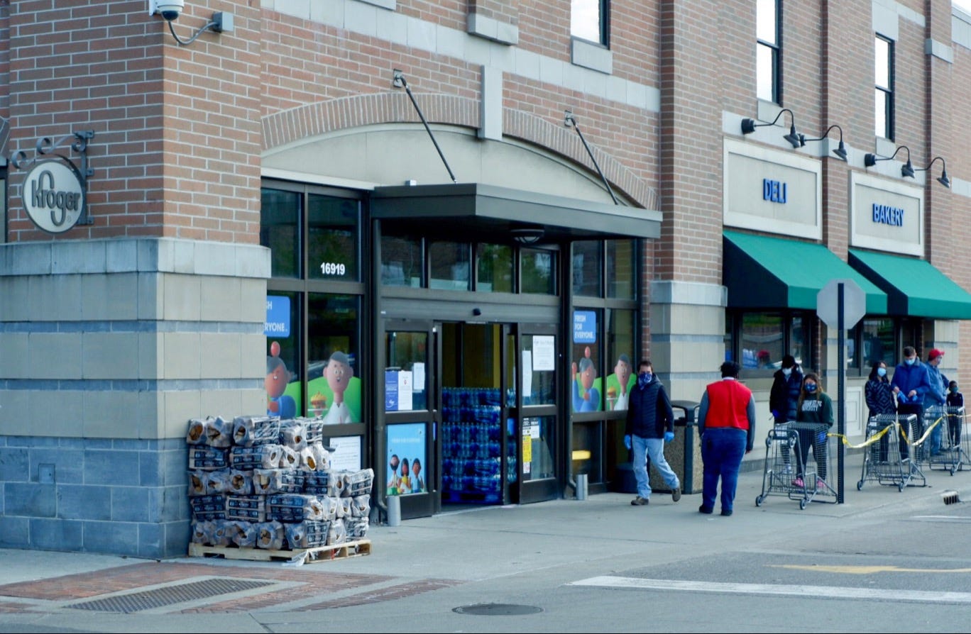 Shoppers seen outside the Kroger at 16919 Kercheval in Grosse Pointe on April 11, 2020. Kroger announced that four employees at four Metro Detroit locations have died after contracting COVID-19.