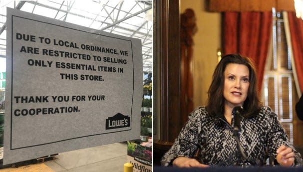 Gov. Gretchen Whitmer's latest stay-at-home order is drawing increasing criticism from Republicans who see it as too restrictive. At left is a photo from inside a Lowe's store in Lansing.
