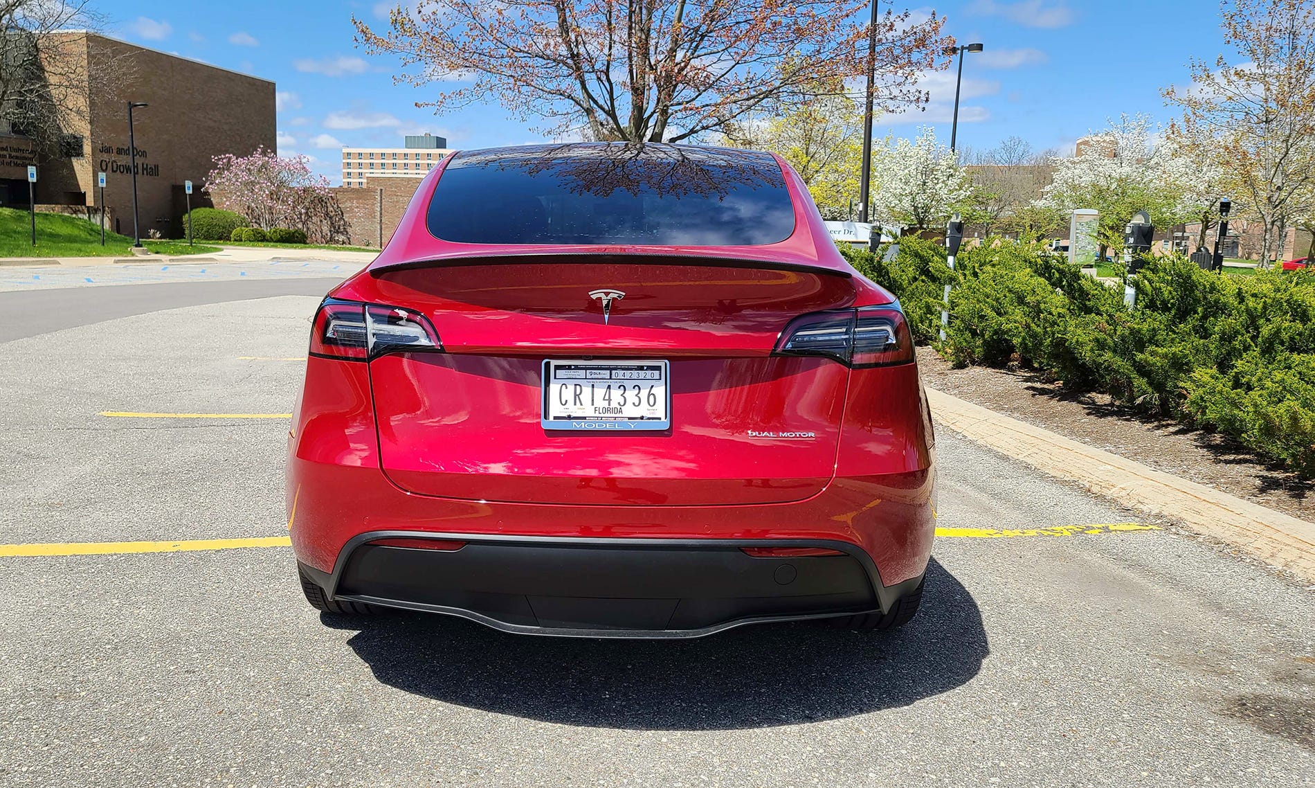 The rear of the Tesla Model Y adds a spoiler to the Performance model.
