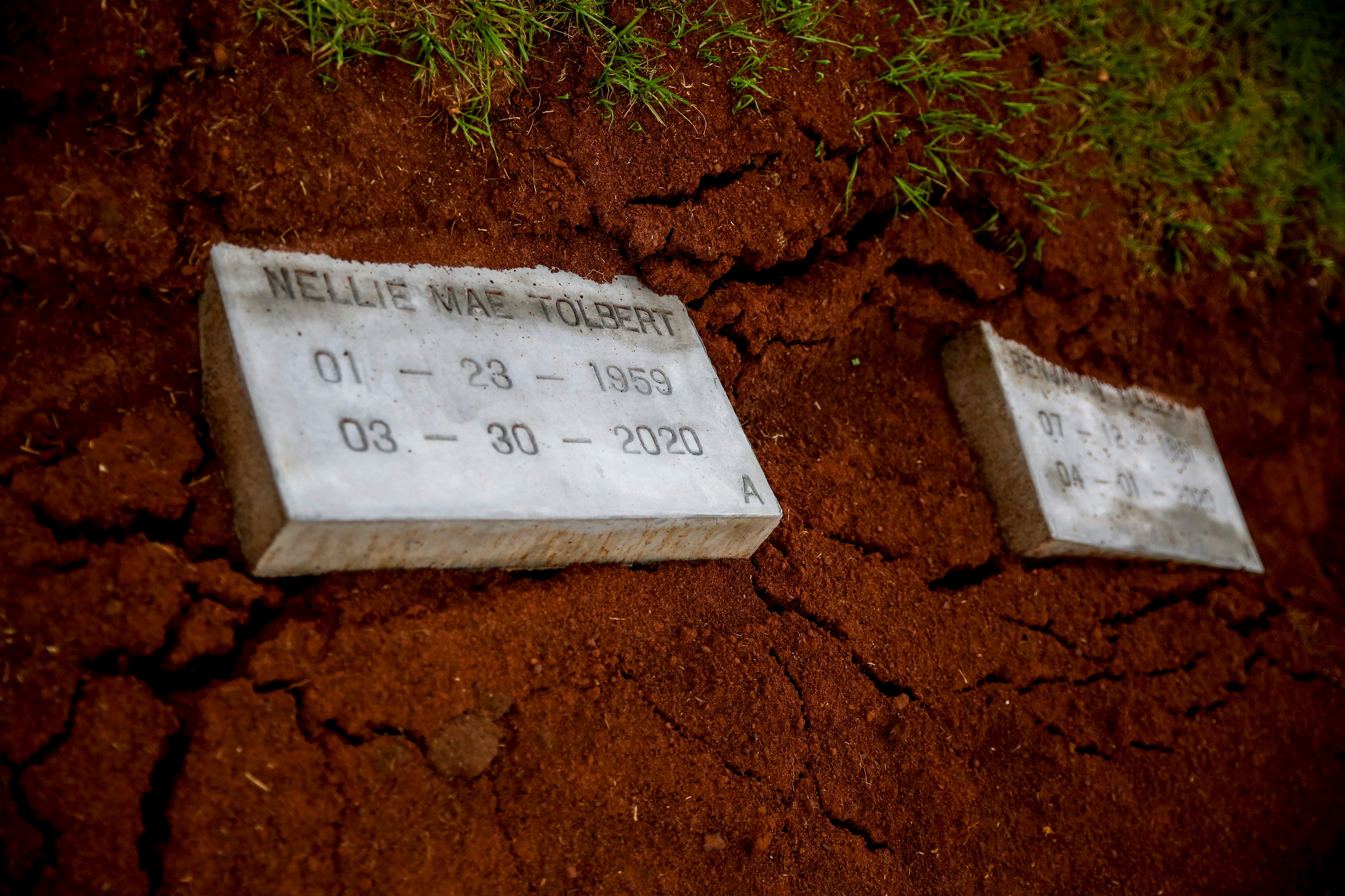 Nellie "Pollye Ann" Mae and Benjamin Tolbert, a couple married for 30 years, are laid to rest at Cedar Hill Cemetery on Saturday, April 18, 2020, in Dawson, Ga. Both They died two days apart in separate hospitals from COVID-19.
