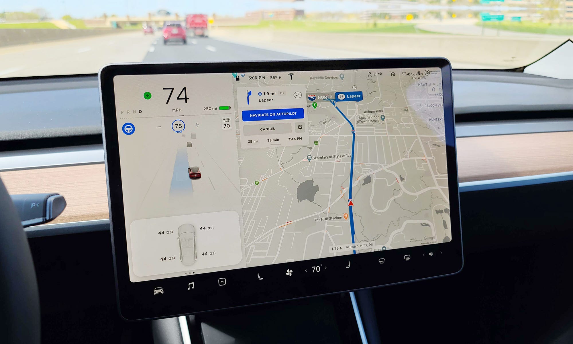 The Tesla Model Y will change lanes automatically on I-75 while following a nav route.