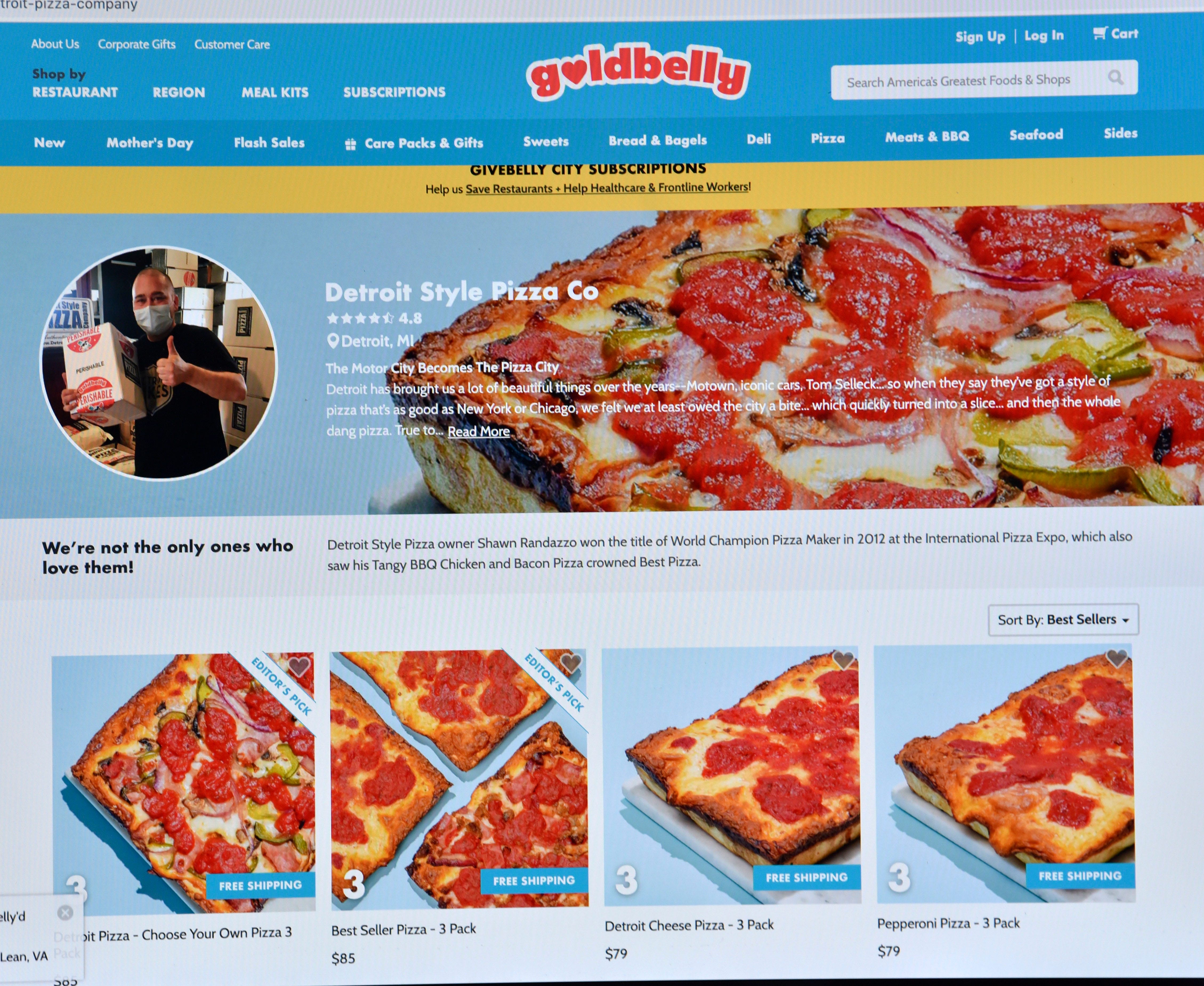 A portrait of Detroit Style Pizza Company co-owner Shawn Randazzo and his pizza is featured on the goldbelly website.