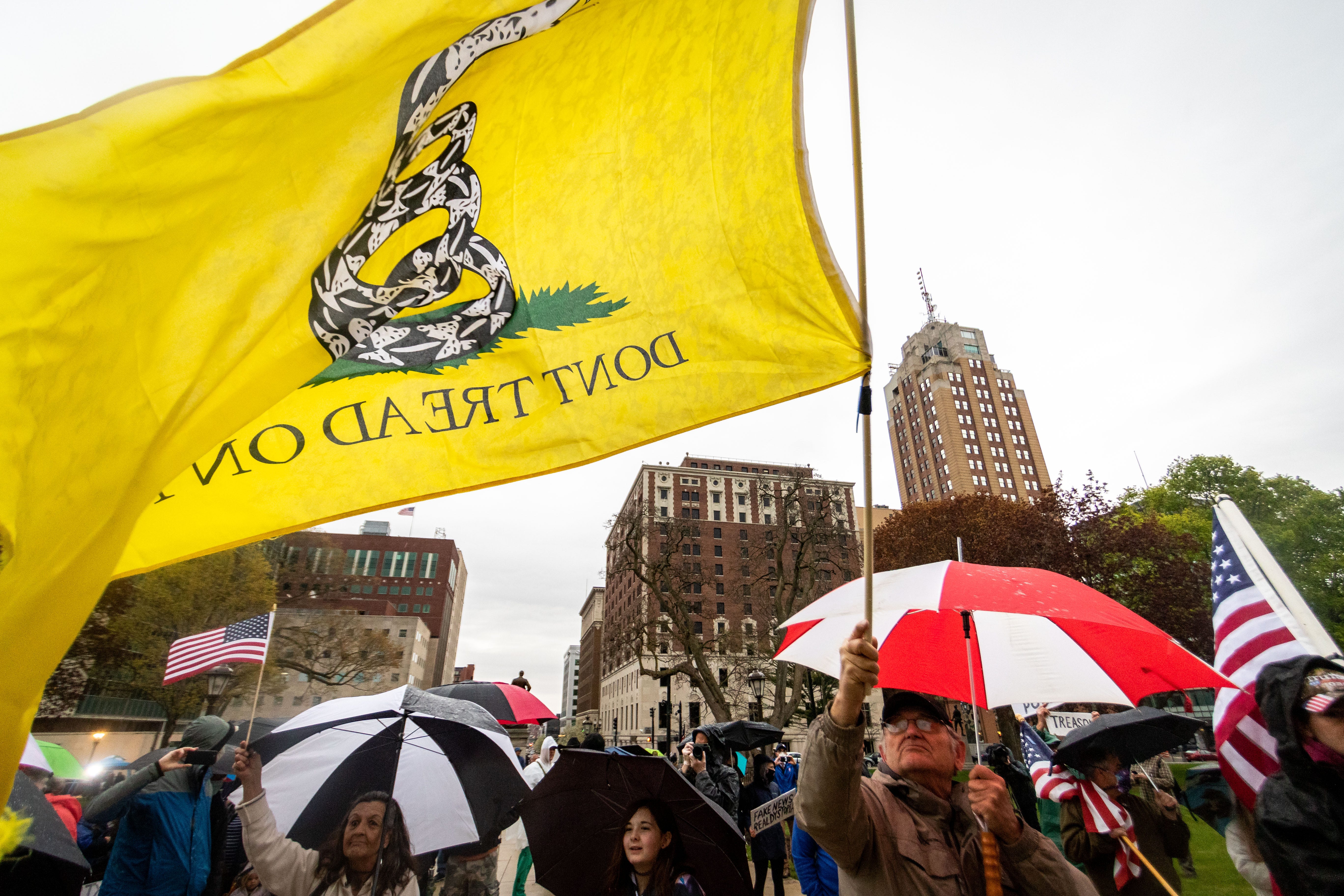 Mark Fortom, Macomb County Republican Chairman, flies the Gadsden flag at the protest.