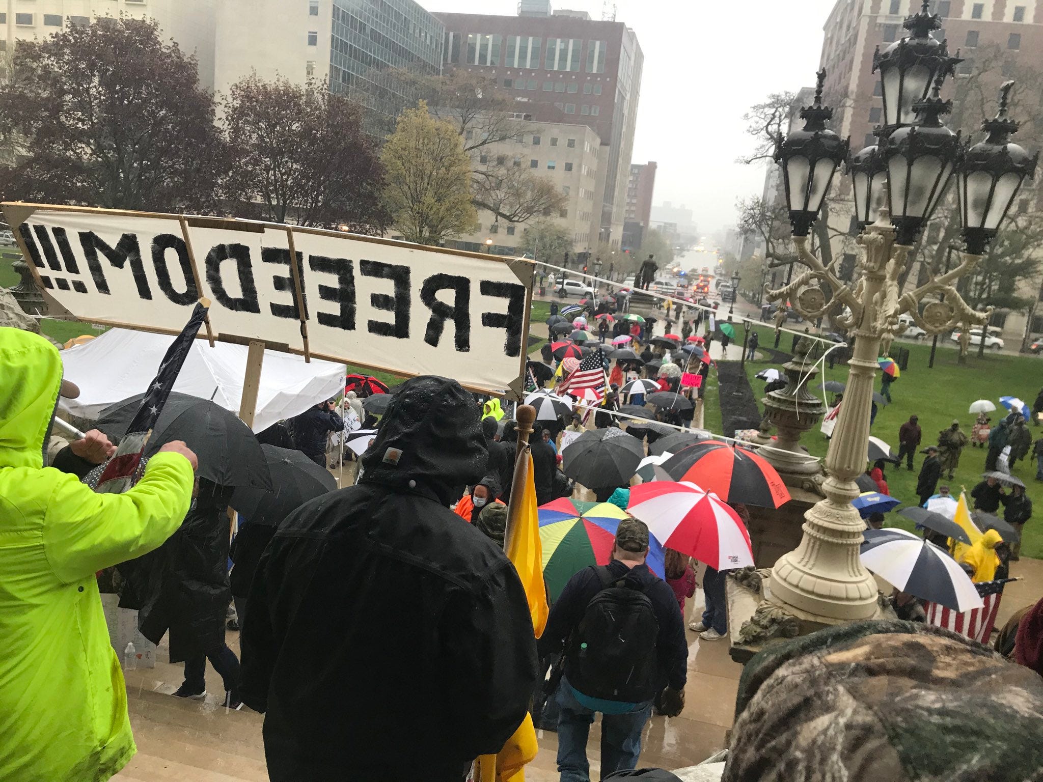 Protesters at the Michigan State Capitol building.