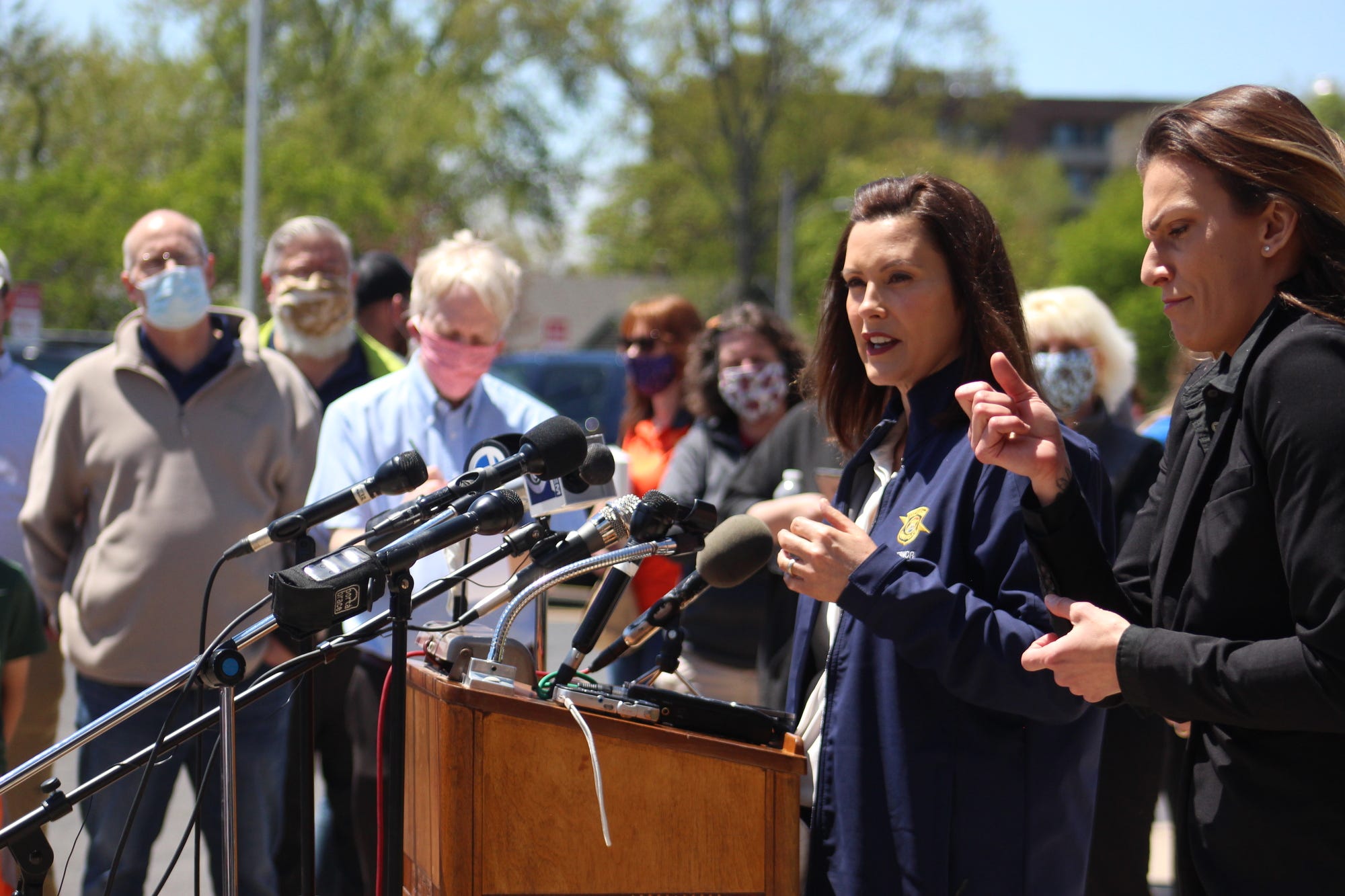 Gov. Gretchen Whitmer speaks at a press conference in Midland on May 20, 2020. She declared a state of emergency for Midland County after the Edenville and Sanford dams breached.