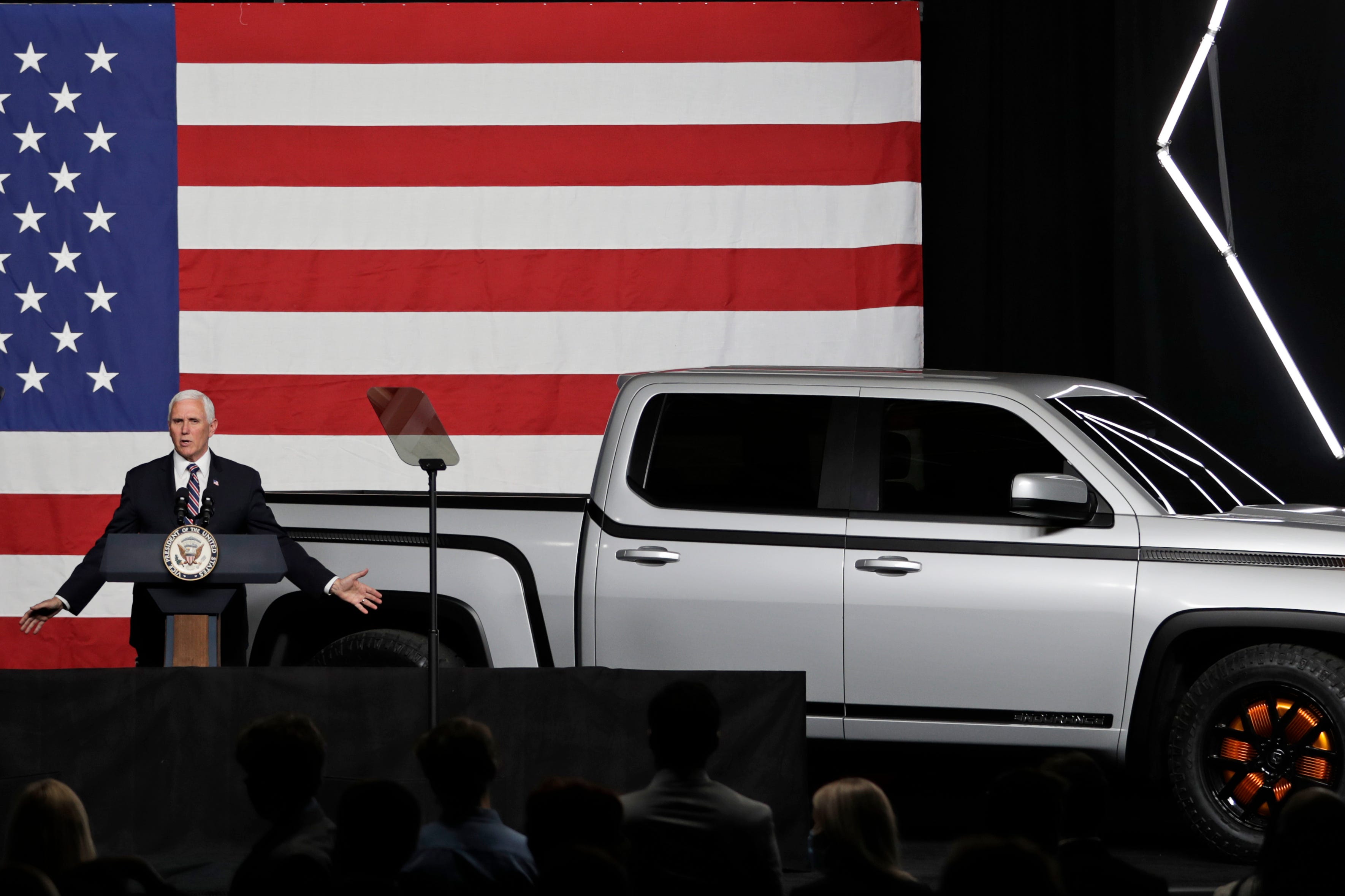 Vice President Mike Pence speaks at the launch of the electric Endurance pickup truck at Lordstown Motors Corporation.