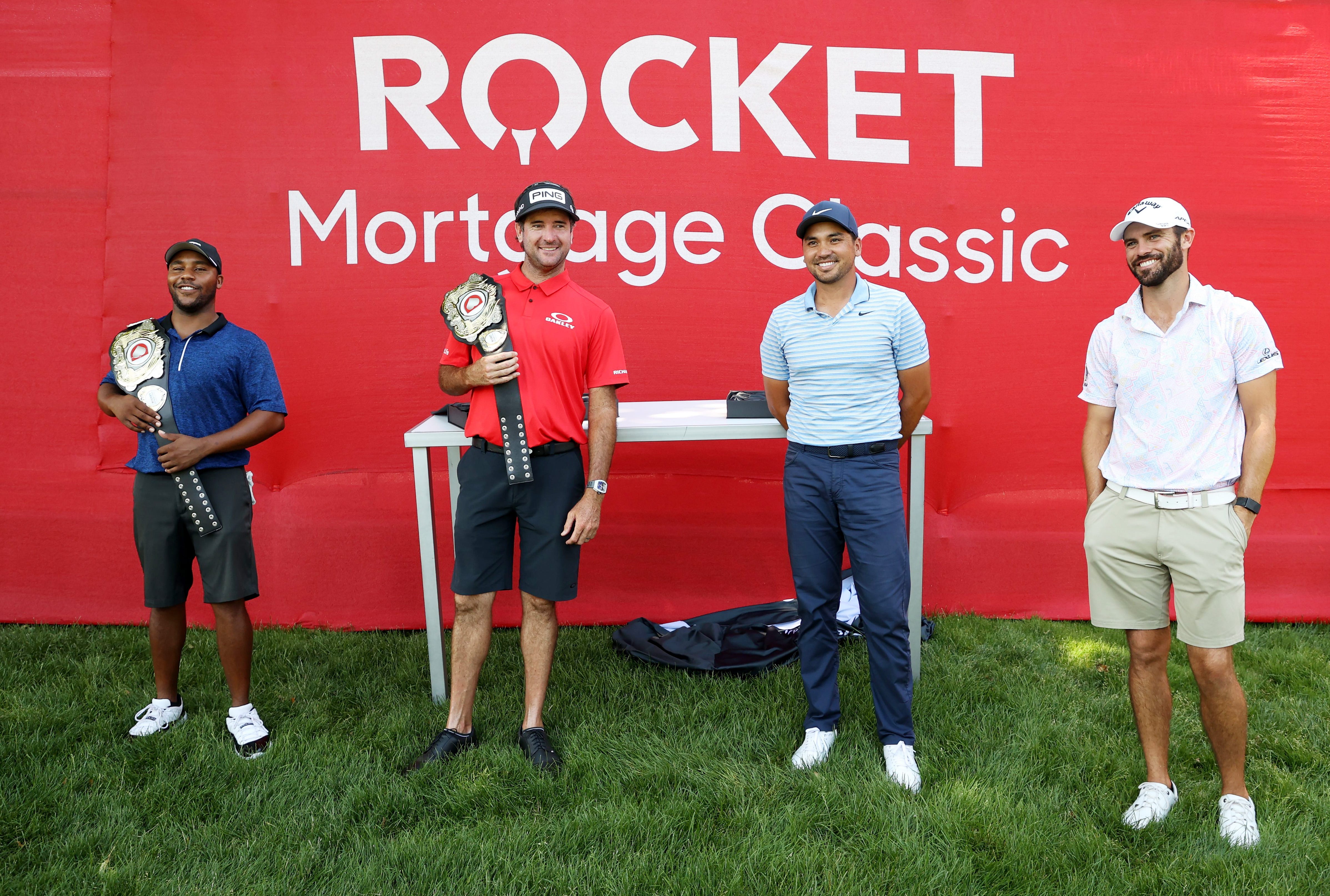 From left, Harold Varner III, Bubba Watson, Jason Day and Wesley Bryan after their charity match at Detroit Golf Club in 2020.