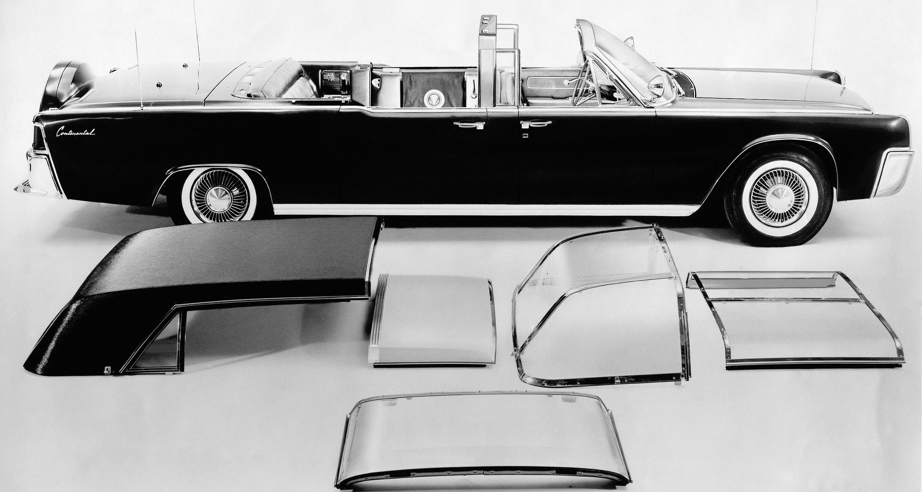 This June 1961 photo provided by the Ford Motor Co. shows President. John F. Kennedy's Lincoln Continental limousine. The limo was the first presidential car equipped with a transparent roof for all compartments and has other options including fabric roof covering, or use as a convertible, as well as combinations for the rear, middle and front compartments.