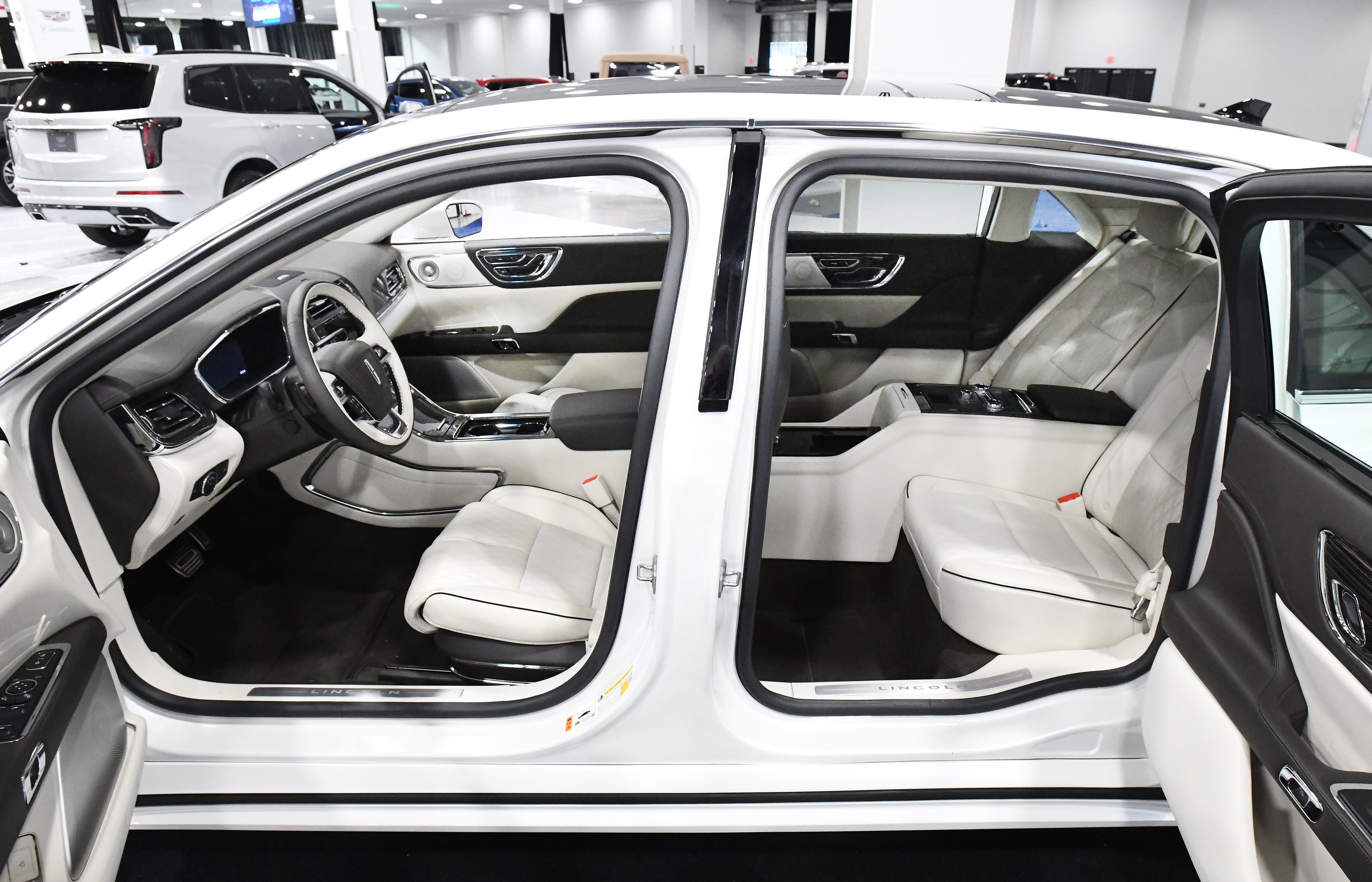 The 2020 Lincoln Continental with a 6 inch extended body for a longer vehicle and rear suicide doors is on display during final preparations for the first annual Southeast Michigan Auto Show at Suburban Collection Showcase in Novi, Michigan on January 2, 2020.