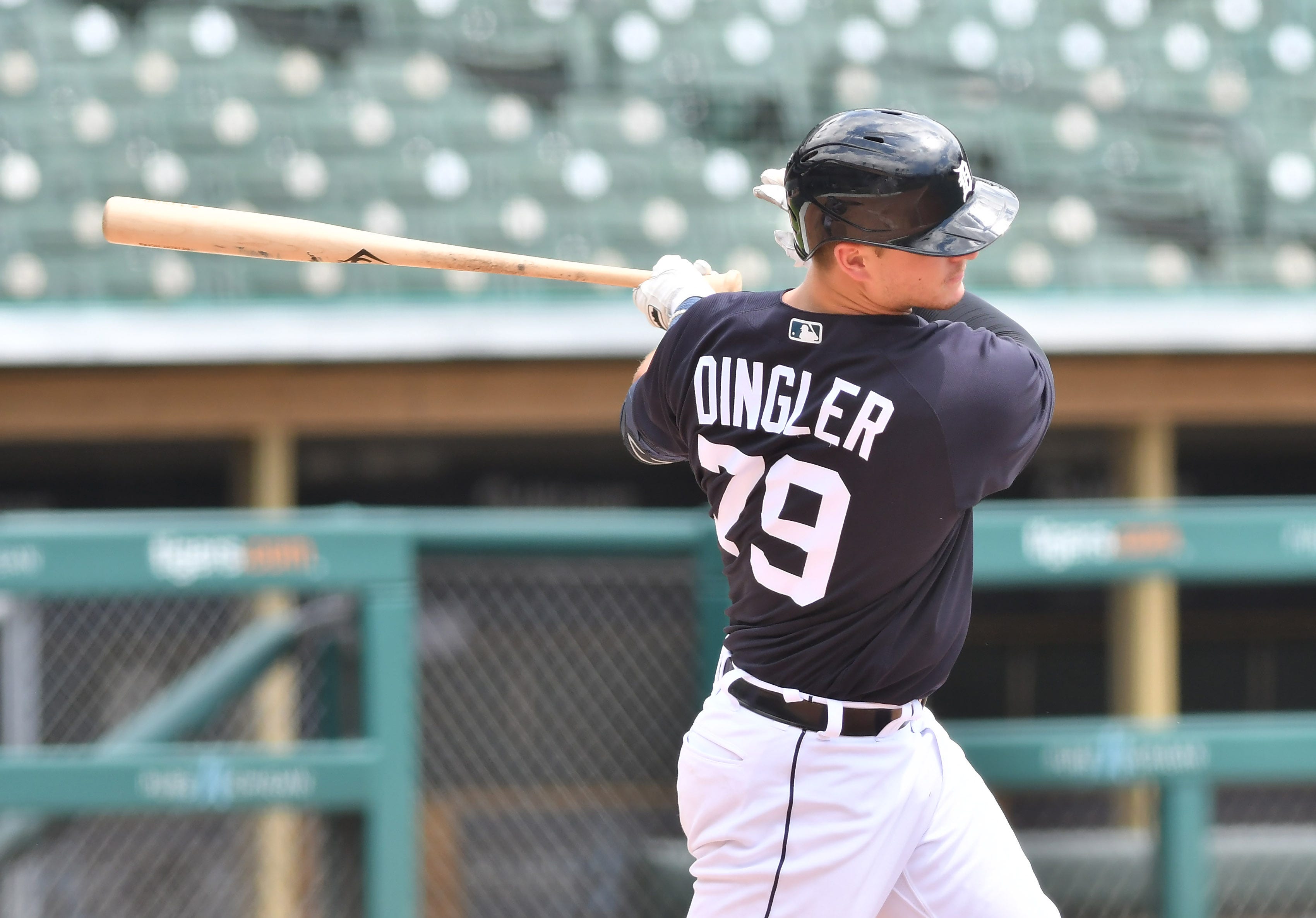 Non-roster invitee Dillon Dingler takes a swing during live batting practice.