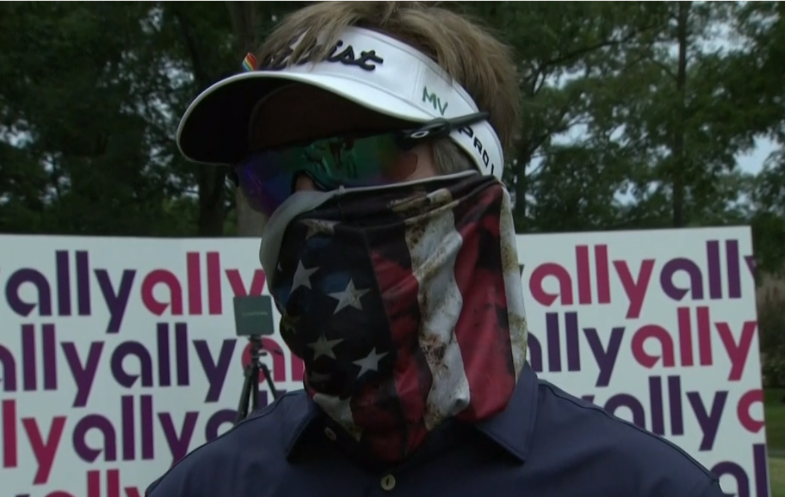 Brett Quigley does an on-course interview with the Golf Channel during Saturday ' s second round of the 2020 Ally Challenge, which was played without fans because of COVID-19.