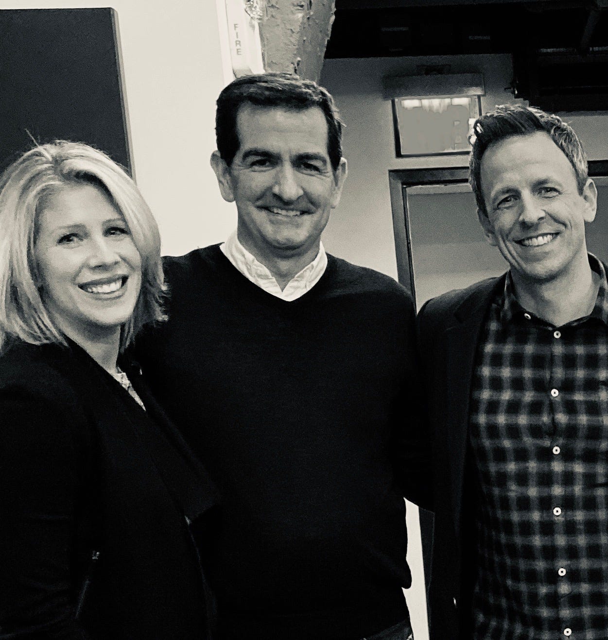 Jamie Samuelsen and wife Christy McDonald with Seth Meyers in 2019.