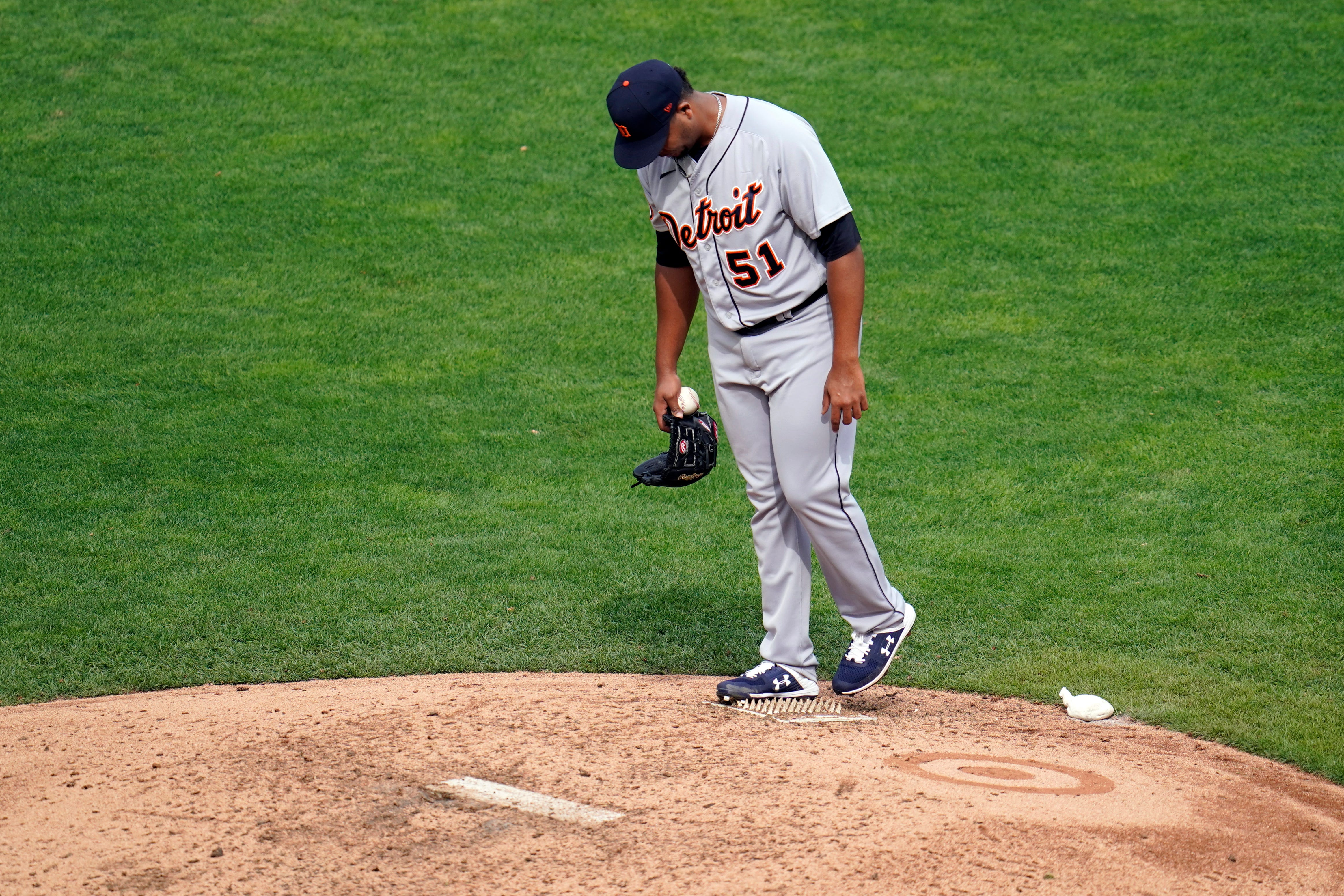 Detroit Tigers pitcher Rony Garcia waits to be pulled in the fifth inning.
