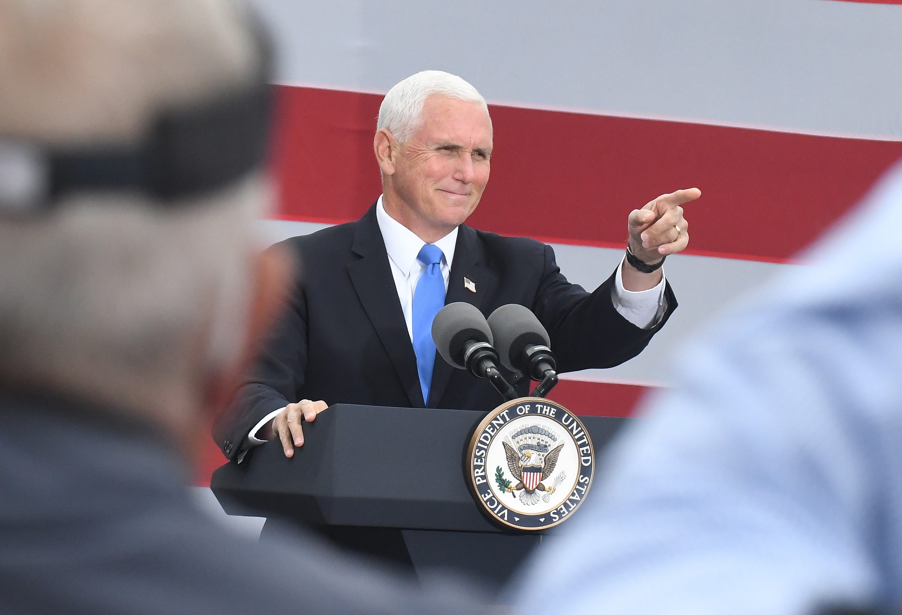 Vice President Mike Pence holds an outdoor campaign stop at Lacks Enterprises Inc. in Grand Rapids, Michigan on October 14, 2020.