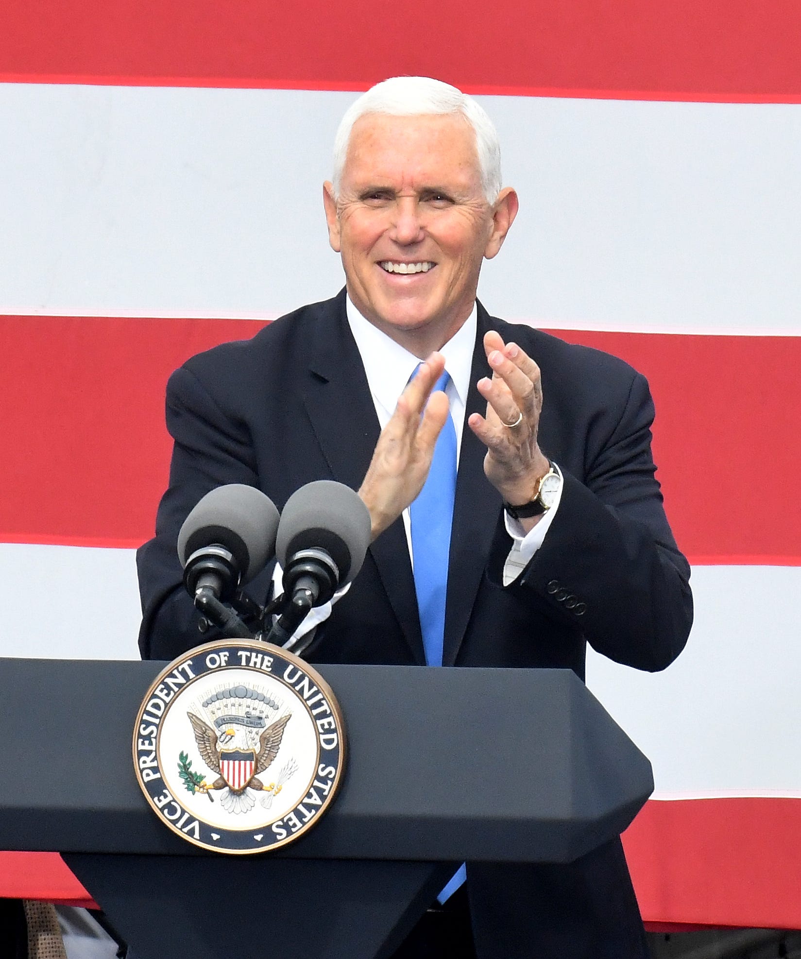 Vice President Mike Pence holds an outdoor campaign stop at Lacks Enterprises Inc. in Grand Rapids, Michigan on October 14, 2020.