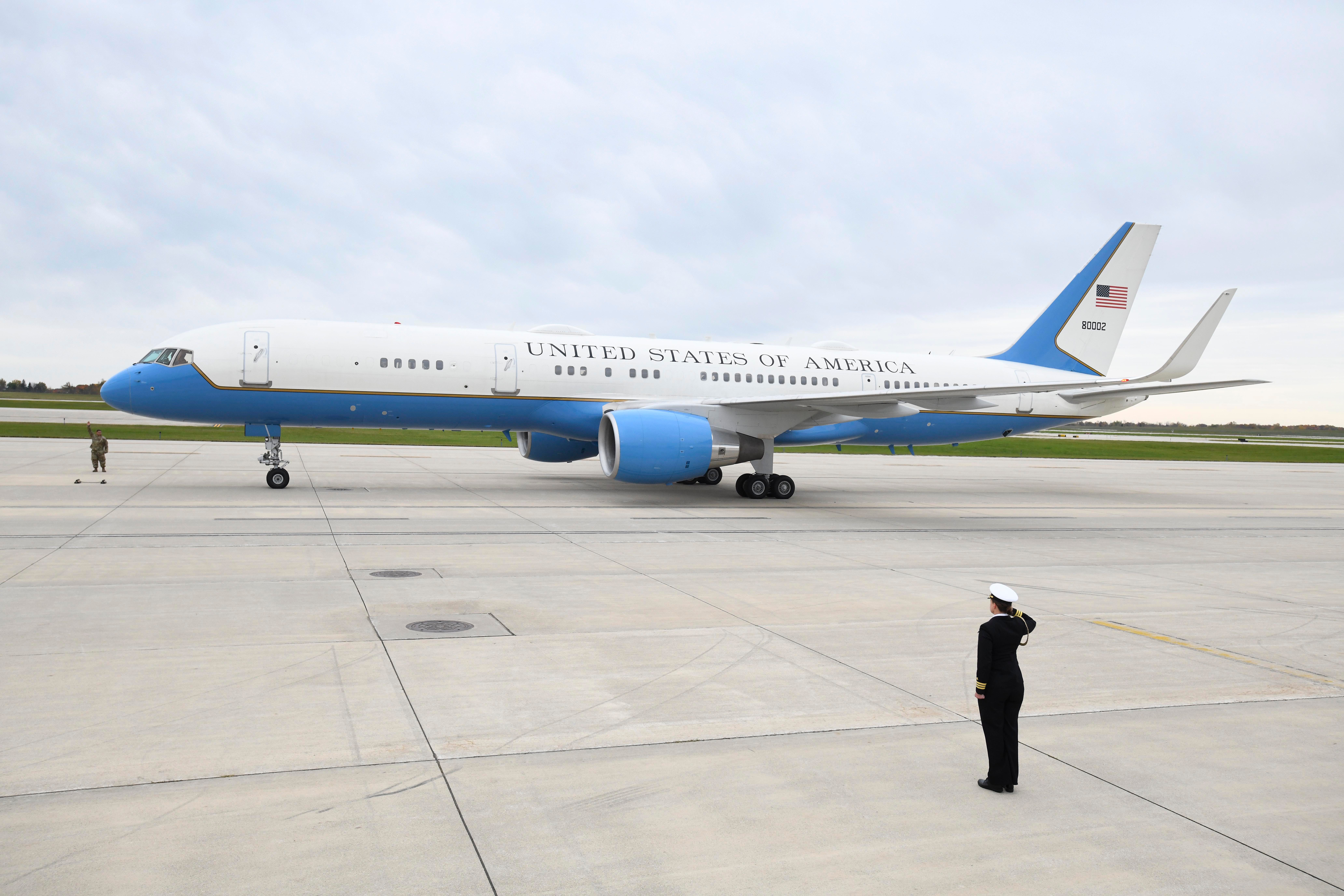 Air Force 2 lands at Gerald R. Ford International Airport with Vice President Mike Pence for a campaign stop in Grand Rapids, Michigan on October 14, 2020.