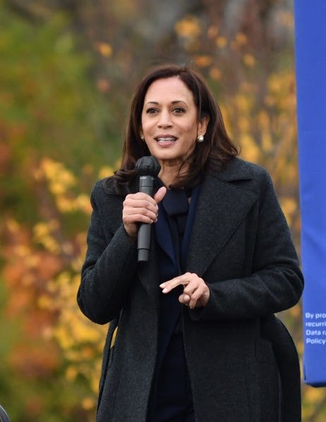 Democratic vice presidential candidate Sen. Kamala Harris makes a campaign appearance at a canvas kickoff event at the Troy Community Center in Troy on Oct. 25, 2020.
